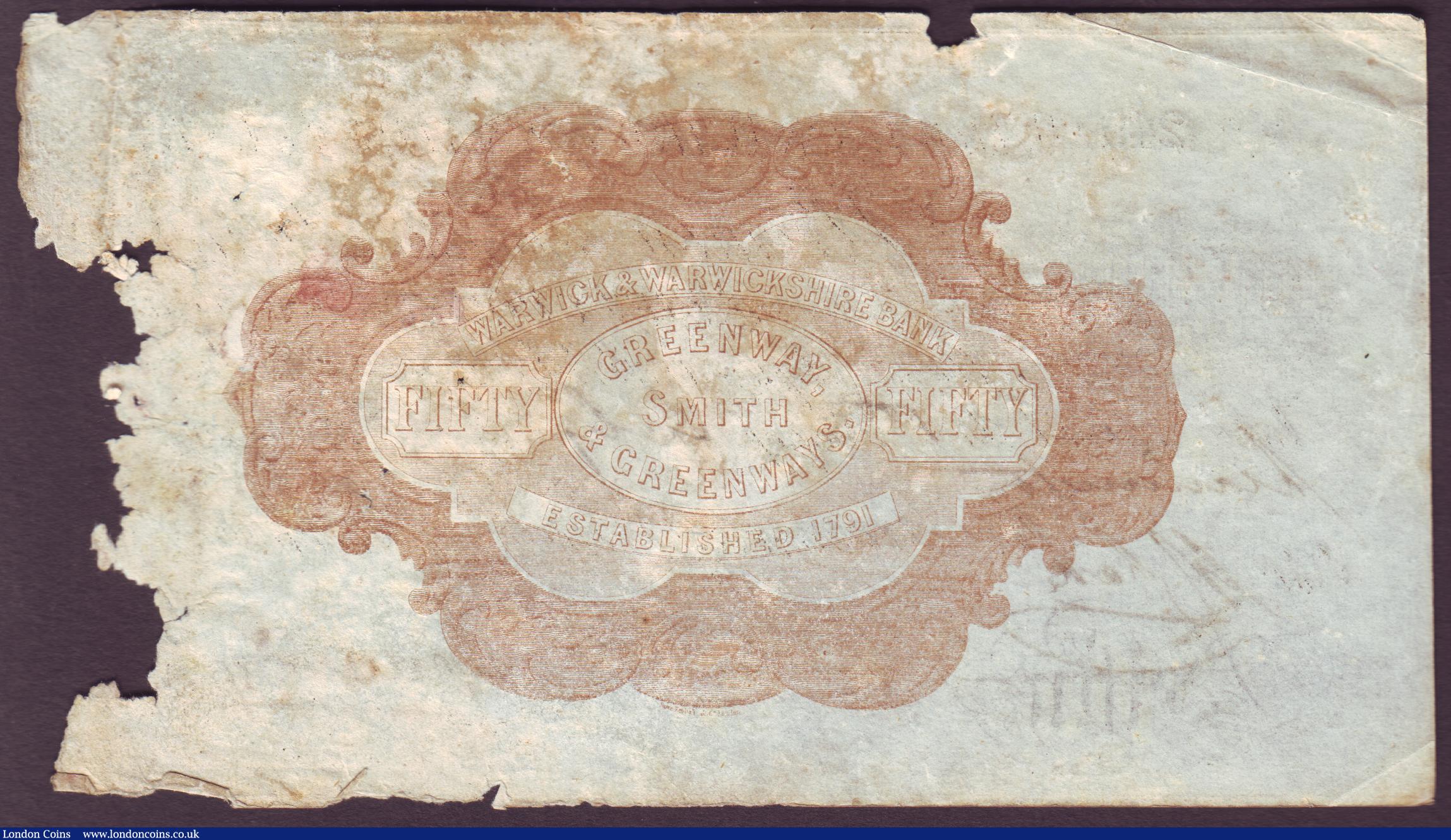 London Coins : A151 : Lot 157 : Leamington, Warwick & Warwickshire Bank £50 dated 1880 very low series No.249 for Greenway...