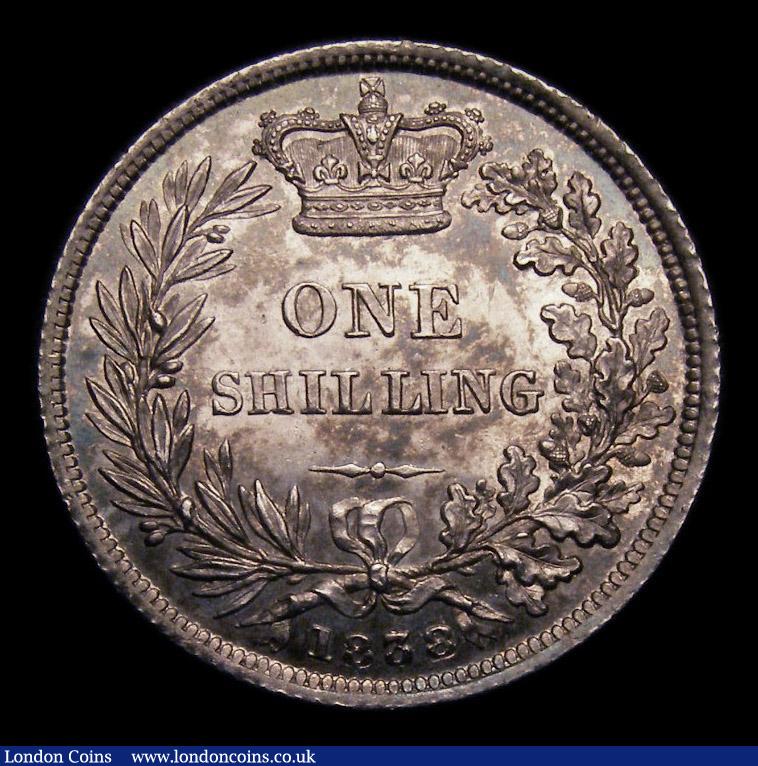 London Coins : A151 : Lot 1601 : Shilling 1838 W.W on truncation ESC 1278, CGS type SH.V1.1838.01, UNC and attractively toned with so...