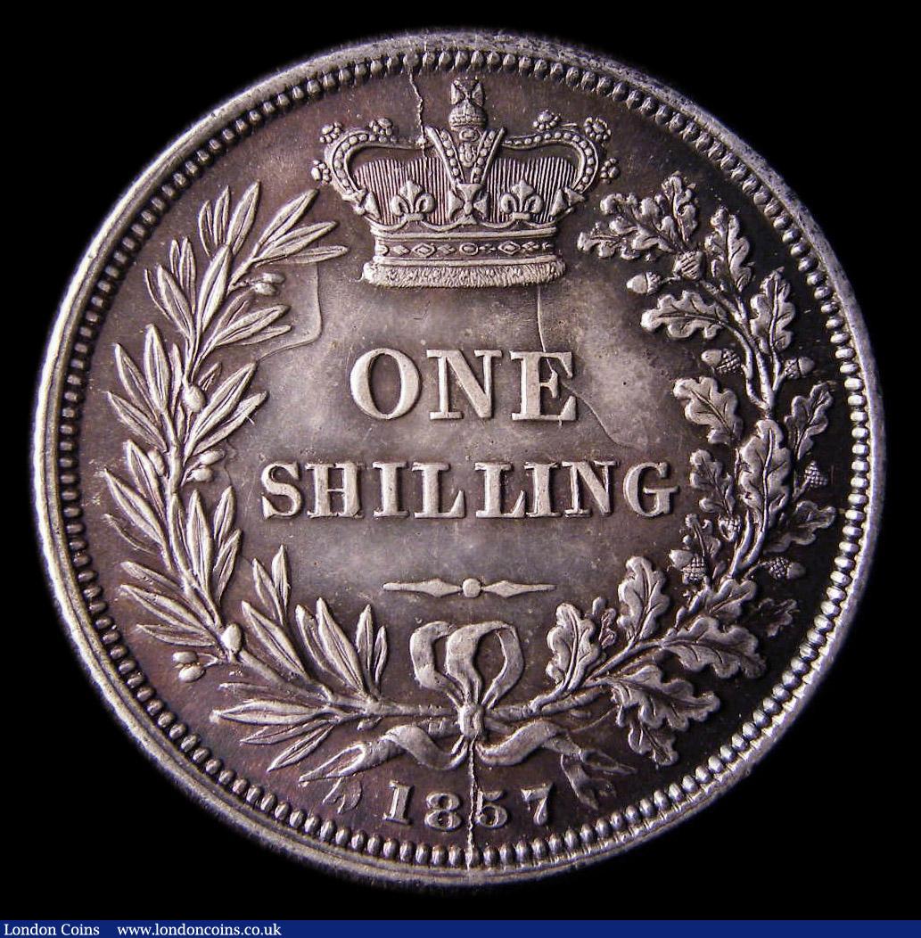 London Coins : A151 : Lot 1608 : Shilling 1857 ESC 1305, CGS type SH.V1.1857.01, UNC and deeply toned, slabbed and graded CGS 82, the...