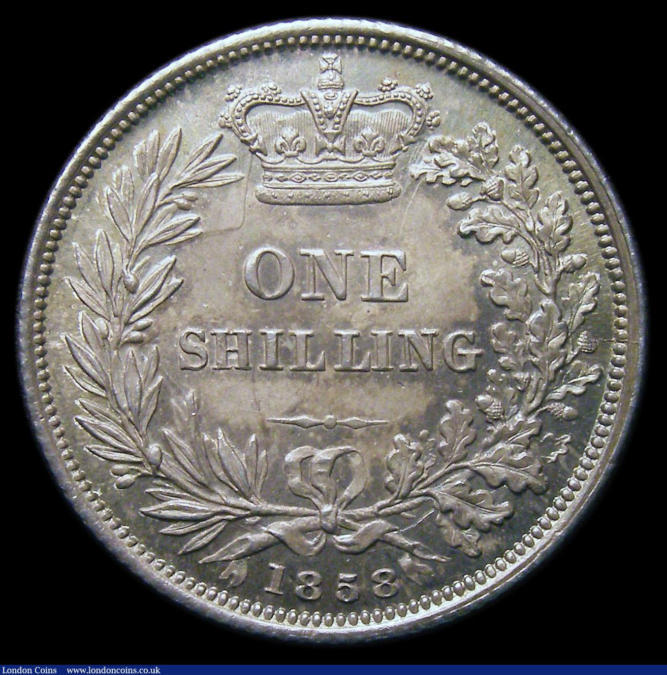 London Coins : A151 : Lot 1609 : Shilling 1858 Davies 873, Dies 2A. Base of E in REG longer than top. 13 beads from A to A in GRATIA,...