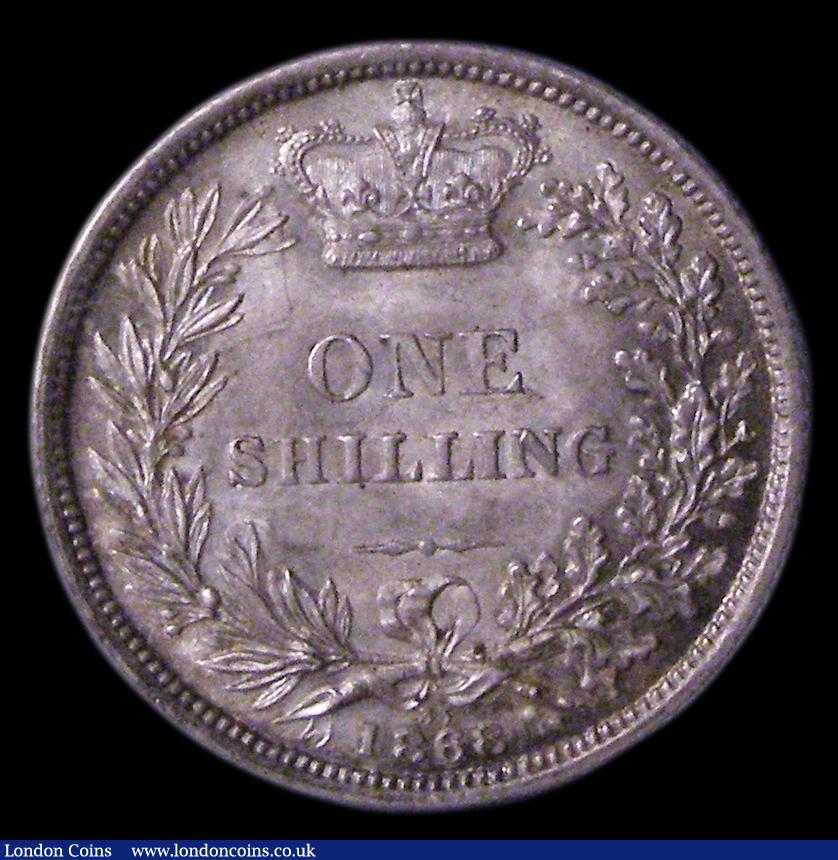 London Coins : A151 : Lot 1613 : Shilling 1868 ESC 1318, Die Number 33, CGS type SH.V1.1868.01, Choice UNC, attractively toned, slabb...