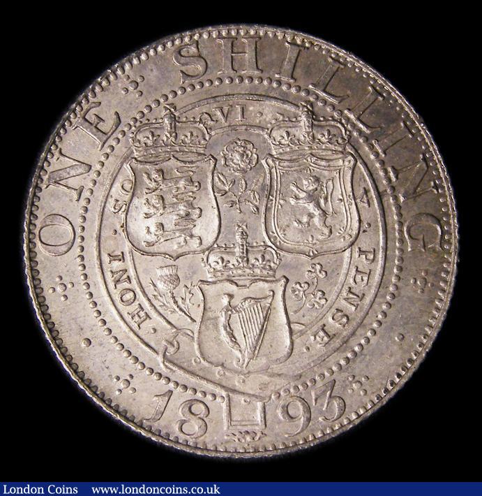 London Coins : A151 : Lot 1629 : Shilling 1893 Davies 1010 Dies 1A. Small Obverse Letters. First I of VICTORIA points almost to a bea...