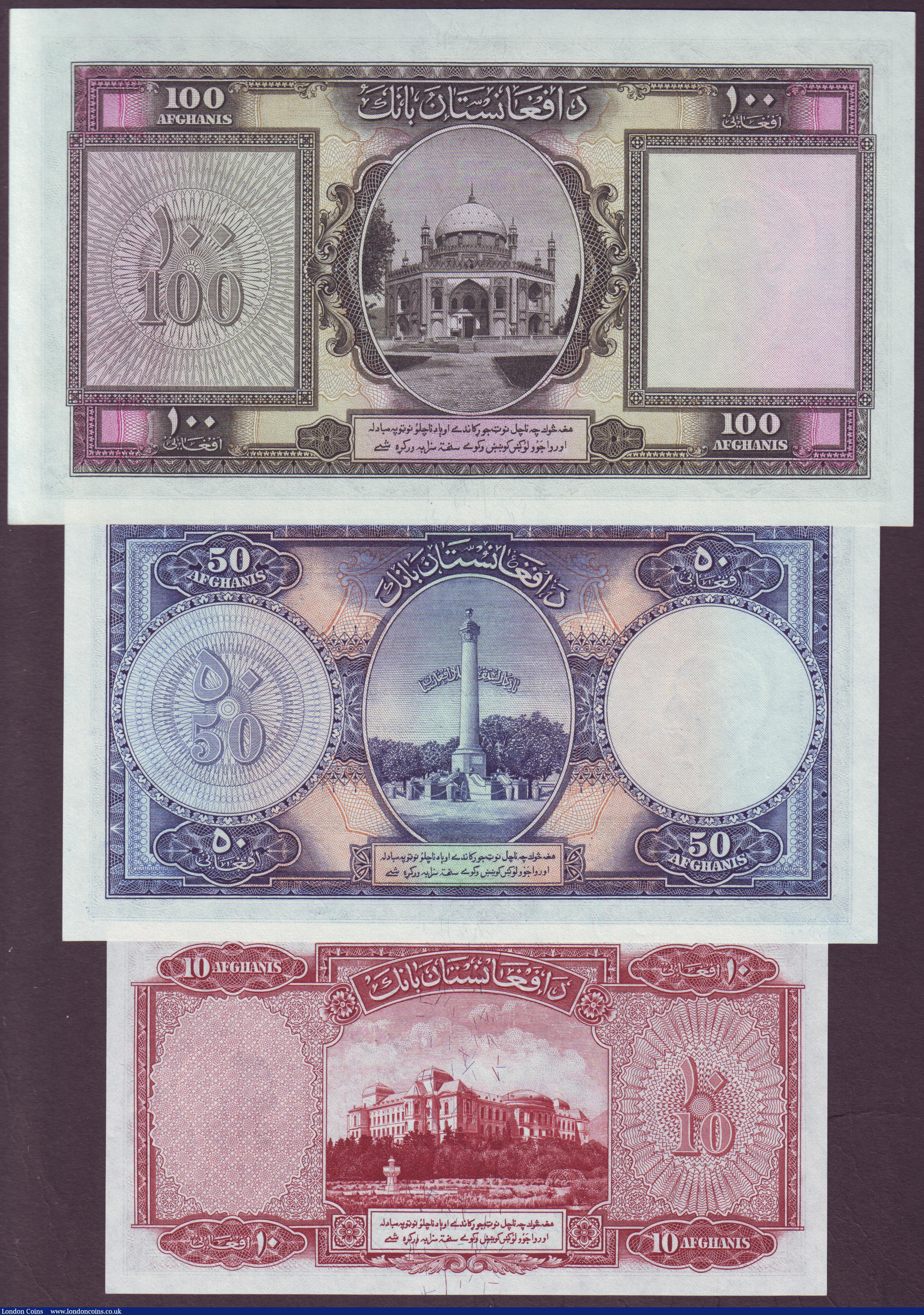 London Coins : A151 : Lot 176 : Afghanistan (3) 10 Afghanis, 50 Afghanis & 100 Afghanis all dated SH 1318 (1939), King Muhammad ...
