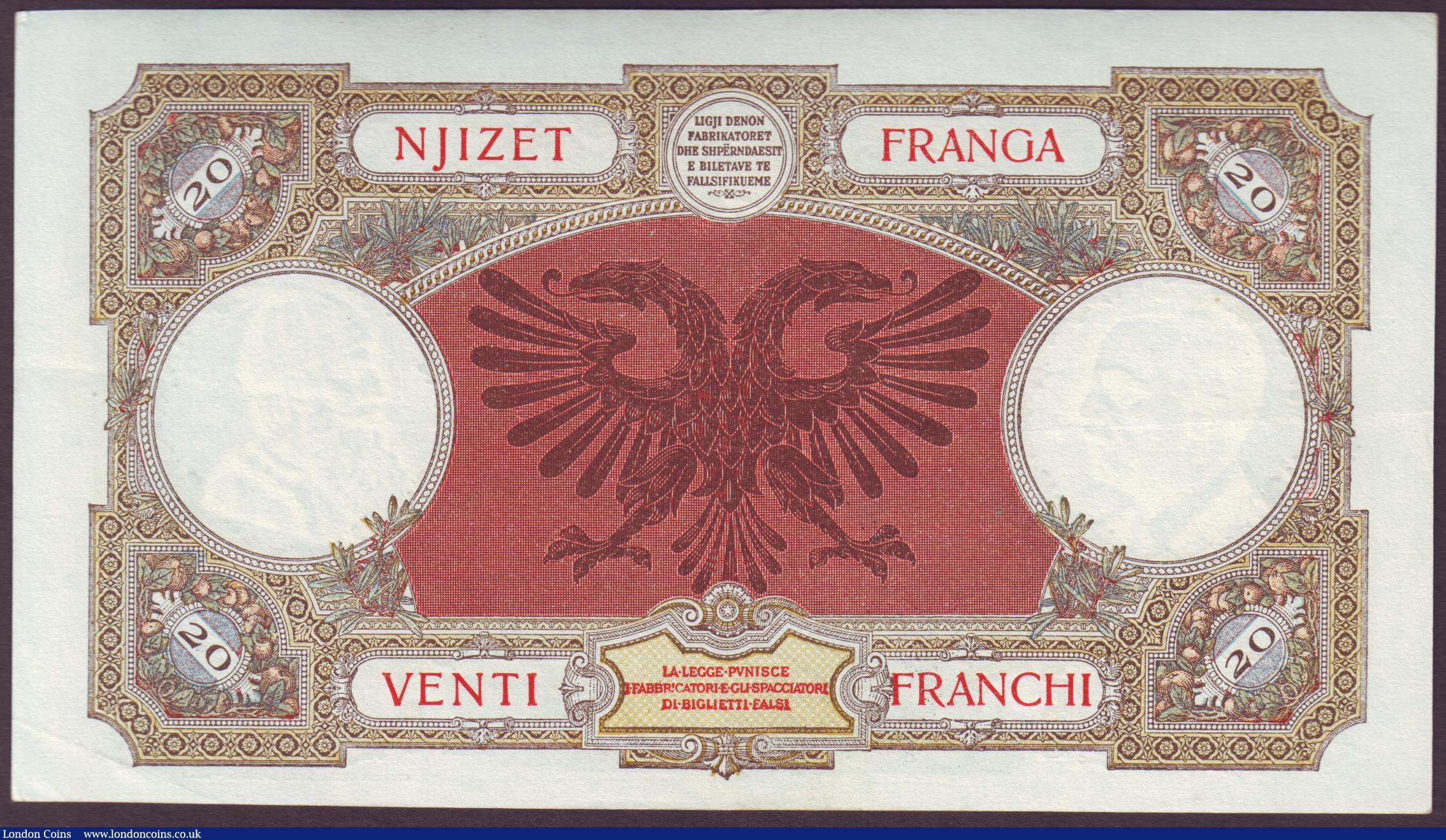London Coins : A151 : Lot 180 : Albania 20 franga issued 1939 series M16 7880, Italian Occupation WW2, Pick7, lightly pressed, GVF