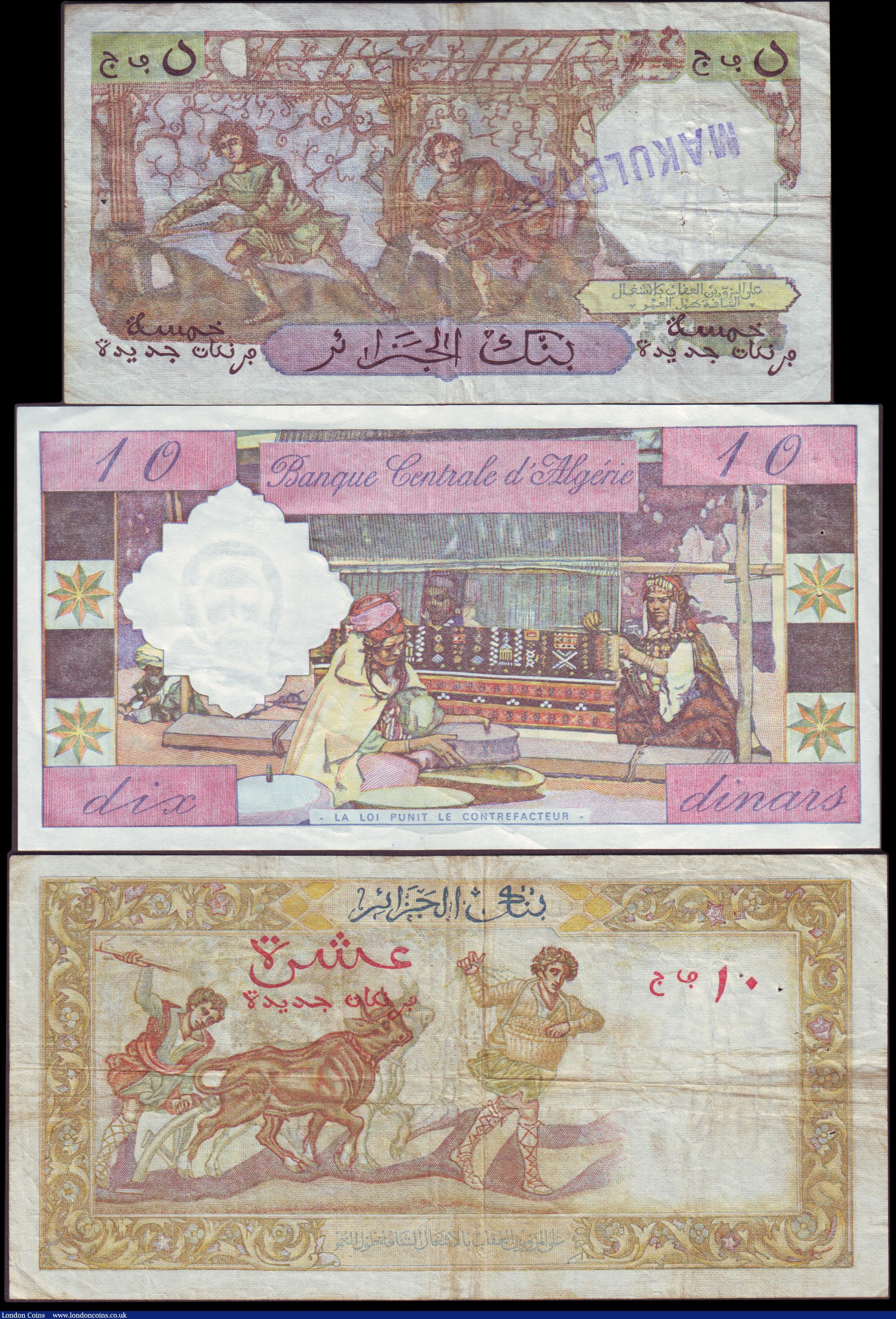 London Coins : A151 : Lot 181 : Algeria (3) 5 New Francs 1959 Pick118a, inked stamp at left, pinholes Fine+, 10 New Francs 1961 Pick...