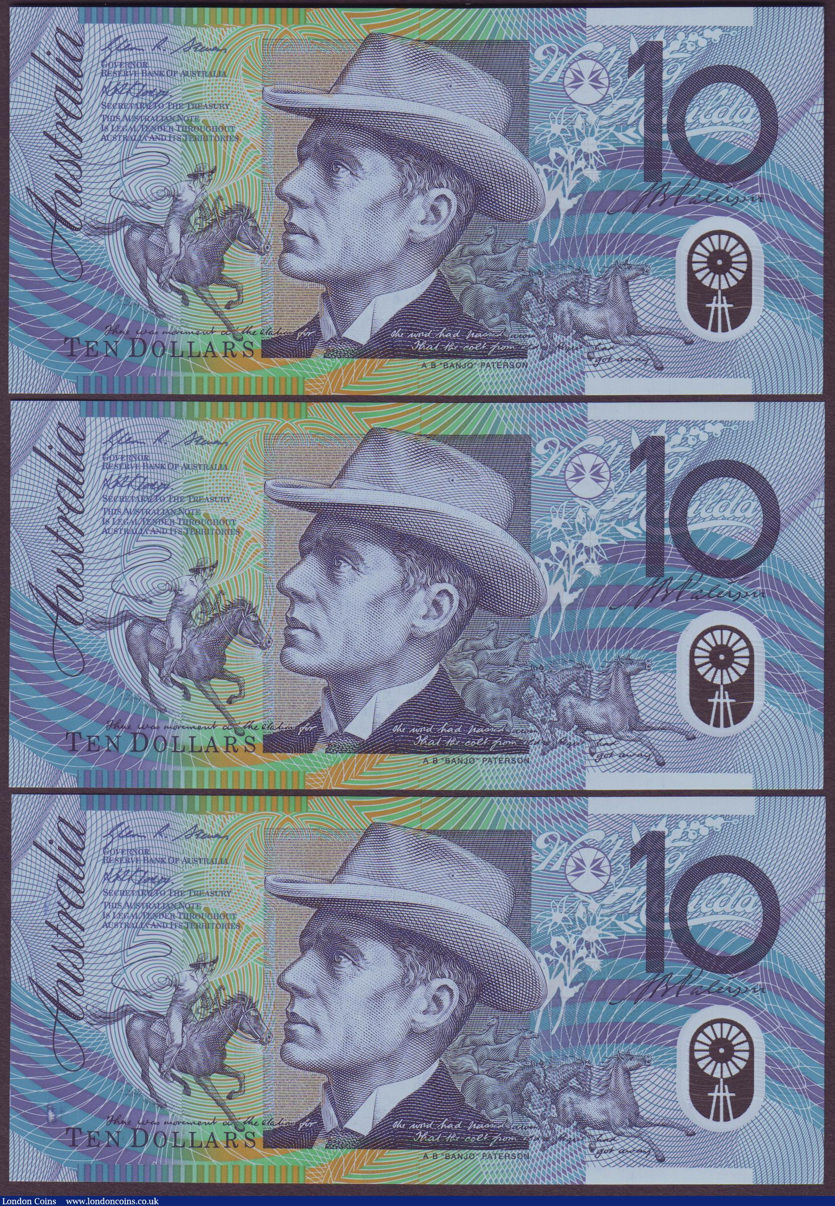London Coins : A151 : Lot 182 : Australia $10 (3) issued 2008, a consecutively numbered trio, series DC08546518 to DC08546520, Steve...