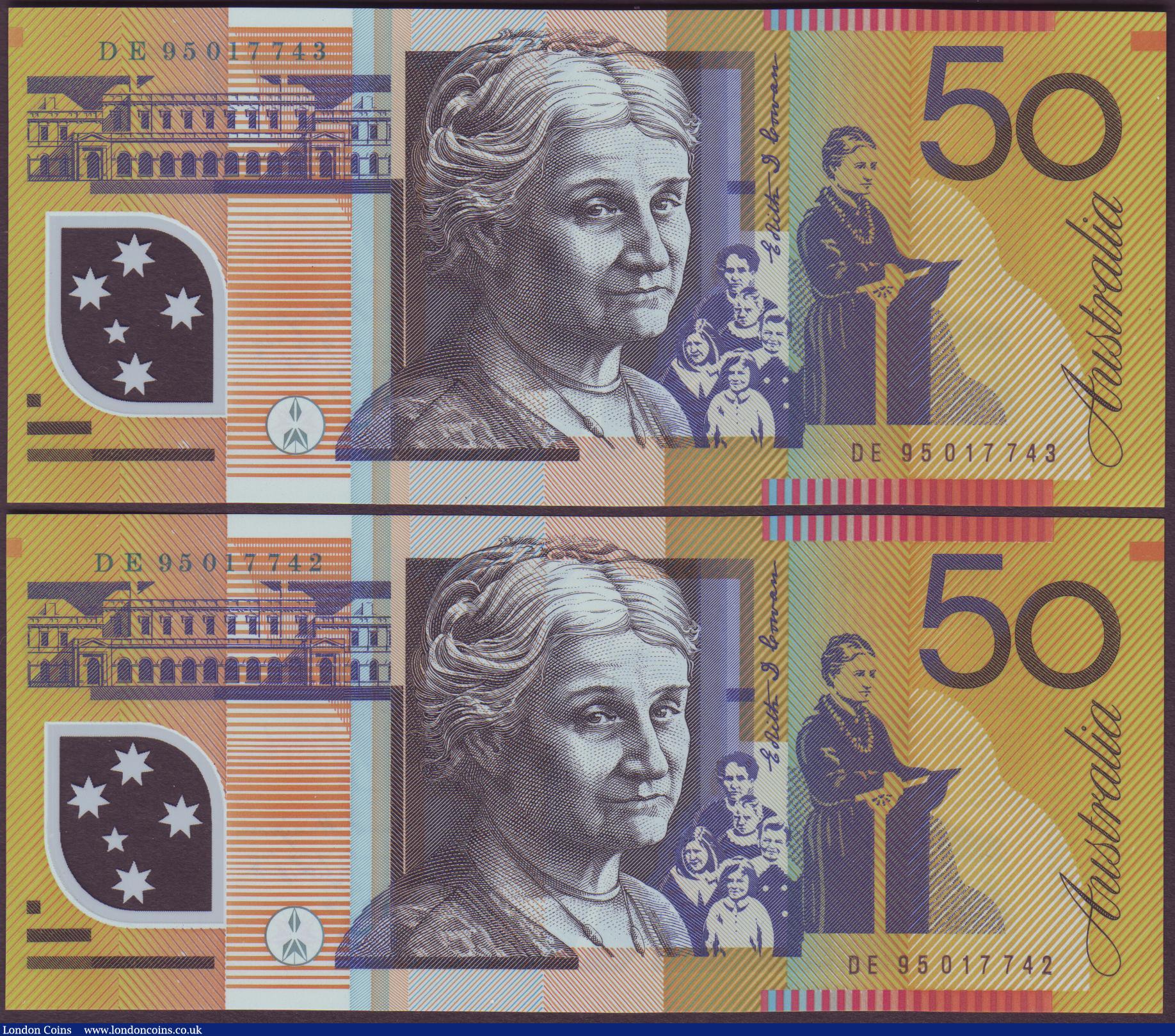 London Coins : A151 : Lot 183 : Australia $50 (2) issued 1995, Polymer plastic,  a consecutively numbered pair, series DE95017742 &a...