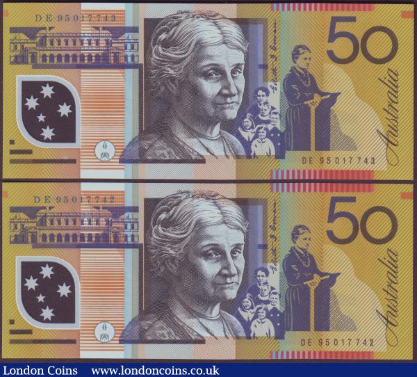 Australia $50 (2) issued 1995, Polymer plastic,  a consecutively numbered pair, series DE95017742 & DE95017743, Fraser & Evans signatures, Pick54a, both UNC : World Banknotes : Auction 151 : Lot 183