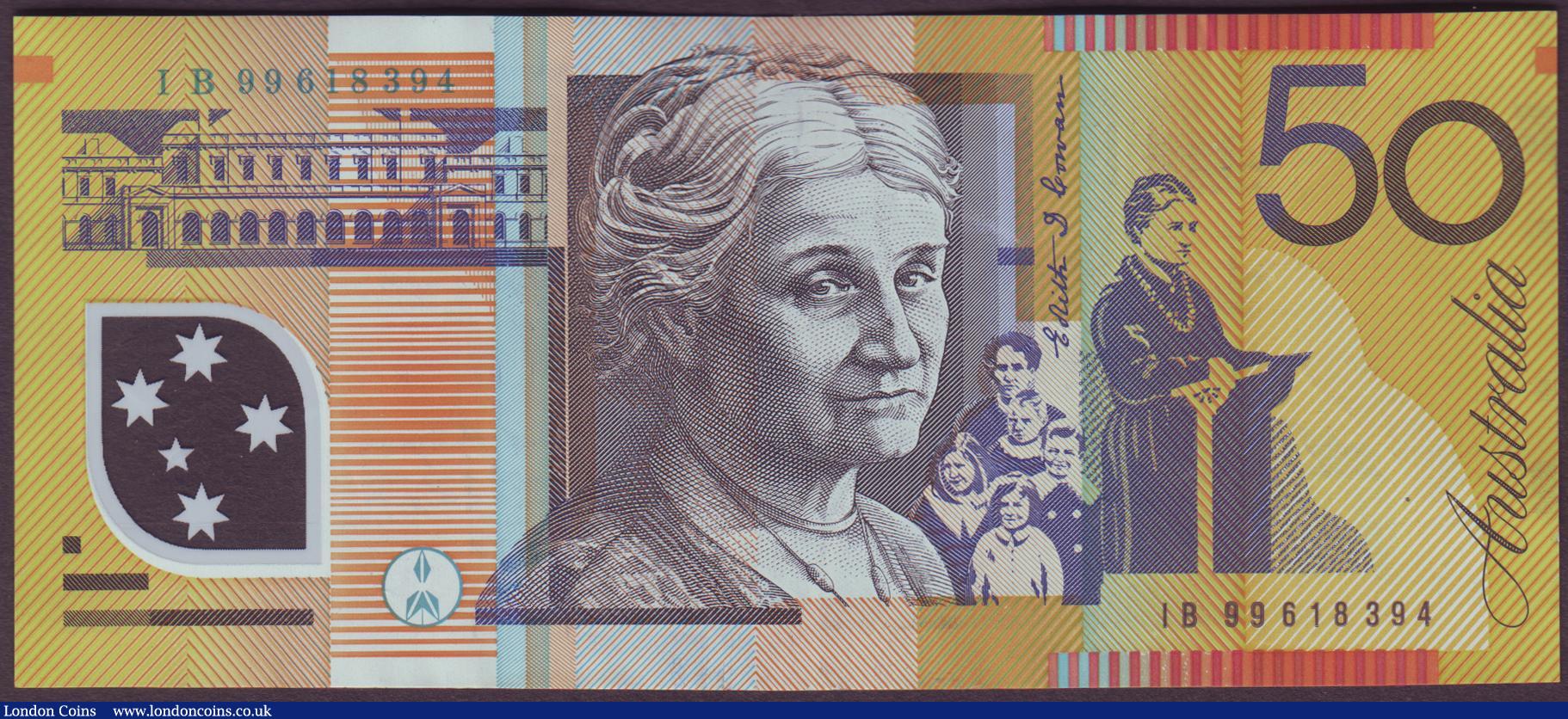 London Coins : A151 : Lot 185 : Australia $50 issued 1999, Polymer plastic, series IB99618394, McFarlane & Evans signatures, Pic...