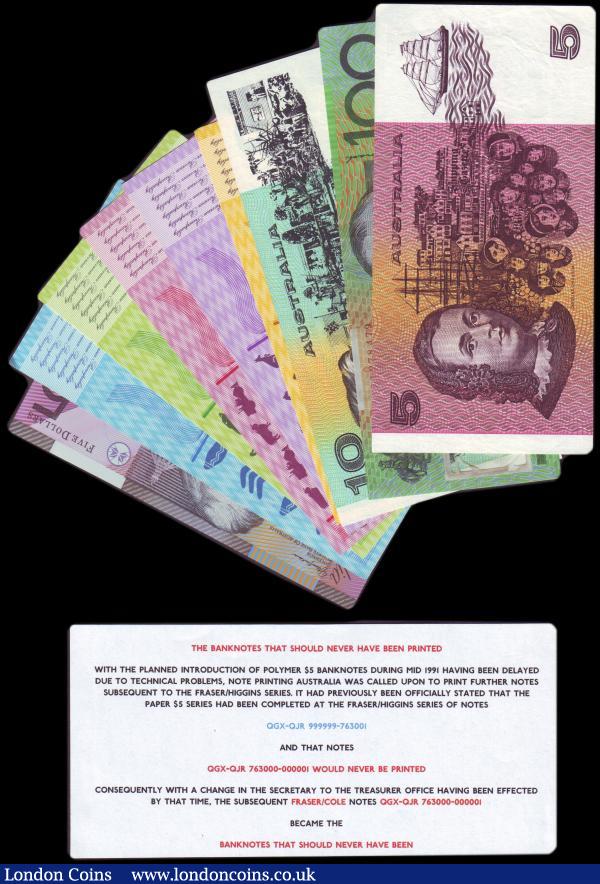 Australia (9) includes $5 banknote that should never have been with info Pick44g pressed VF, a set of Hutt River Province issues (5), $10 Pick45g pressed VF, $5 Commemorative Pick56 UNC and $100 Pick55a VF : World Banknotes : Auction 151 : Lot 186