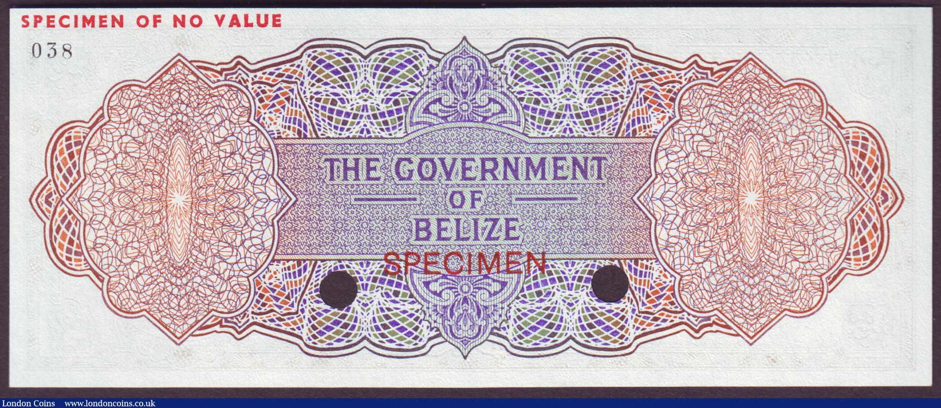 London Coins : A151 : Lot 195 : Belize $2 colour trial issued 1974, De La Rue printers Specimen No.038, "SPECIMEN OF NO VALUE&q...