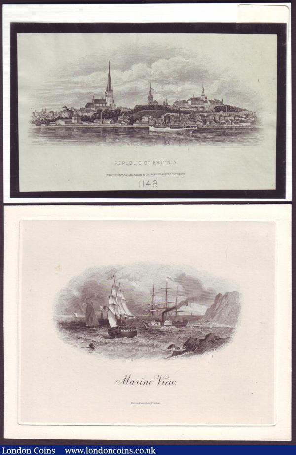 Bradbury Wilkinson small vignettes (3) Estonia town view No.1148, George & Dragon No.343 and Landsbanki Islands (Iceland) harbour view (paper residue on front) and a BEP engraving of Marine View, about UNC : World Banknotes : Auction 151 : Lot 199