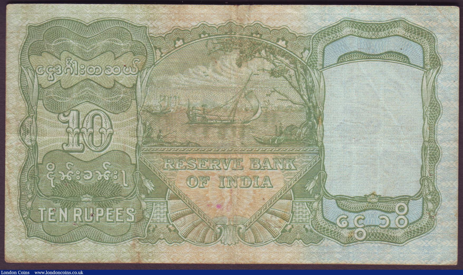 London Coins : A151 : Lot 203 : Burma 10 rupees issued 1938 series A/27 098316, KGVI portrait, Pick5, pressed Fine
