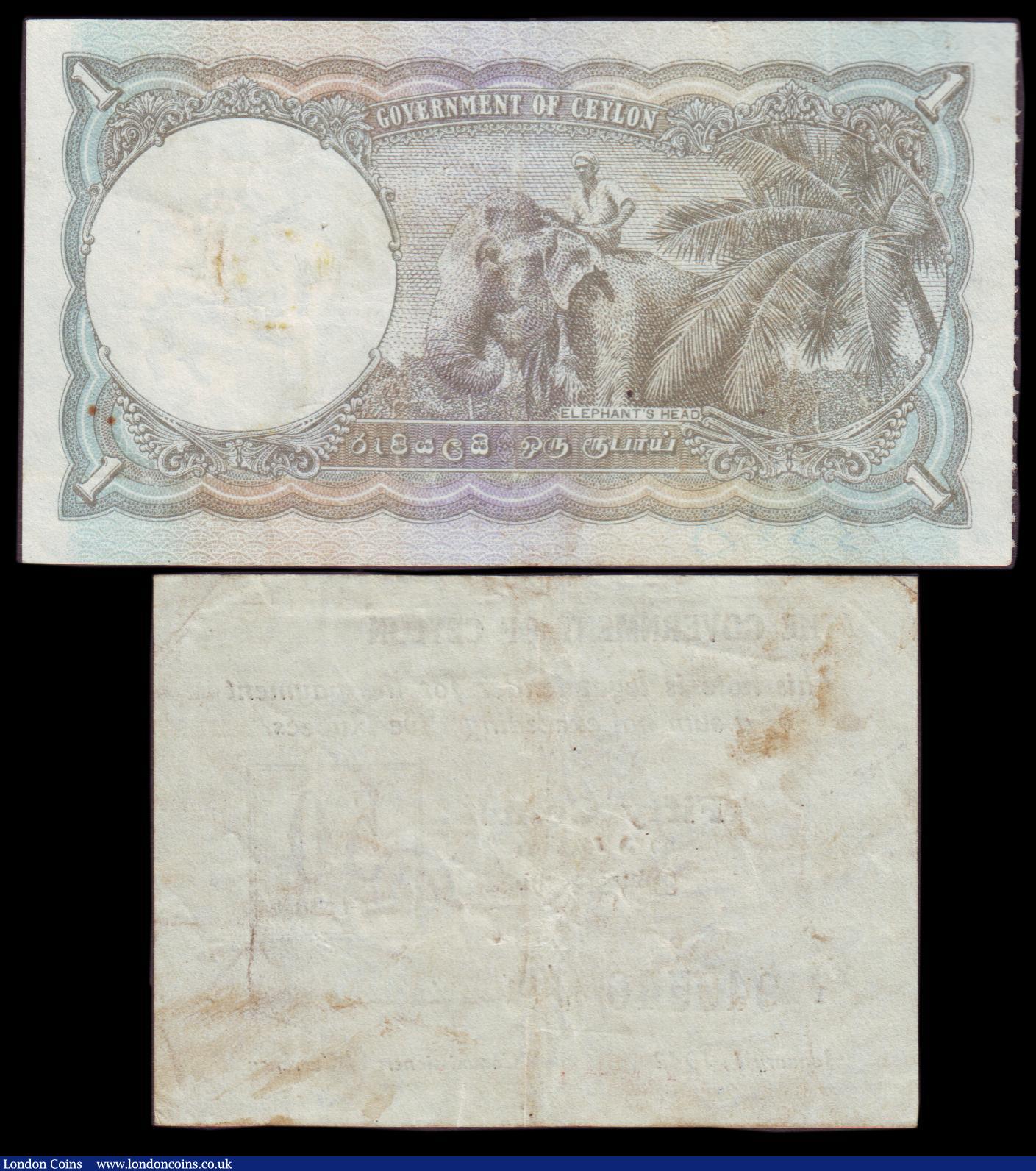 London Coins : A151 : Lot 208 : Ceylon (2) 1 rupee KGVI dated 1943 Pick34 and 50 cents 1942 issue Pick41, stains, about VF
