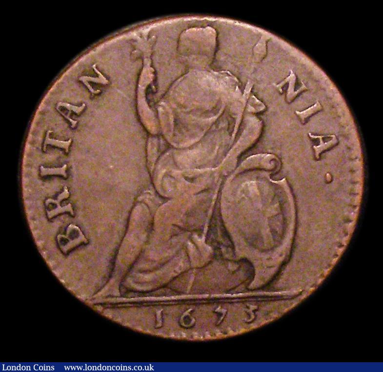 London Coins : A151 : Lot 2310 : Farthing 1673 No Stops on Obverse Peck 525, better than Fine, bold and clear, superior to the Cooke ...