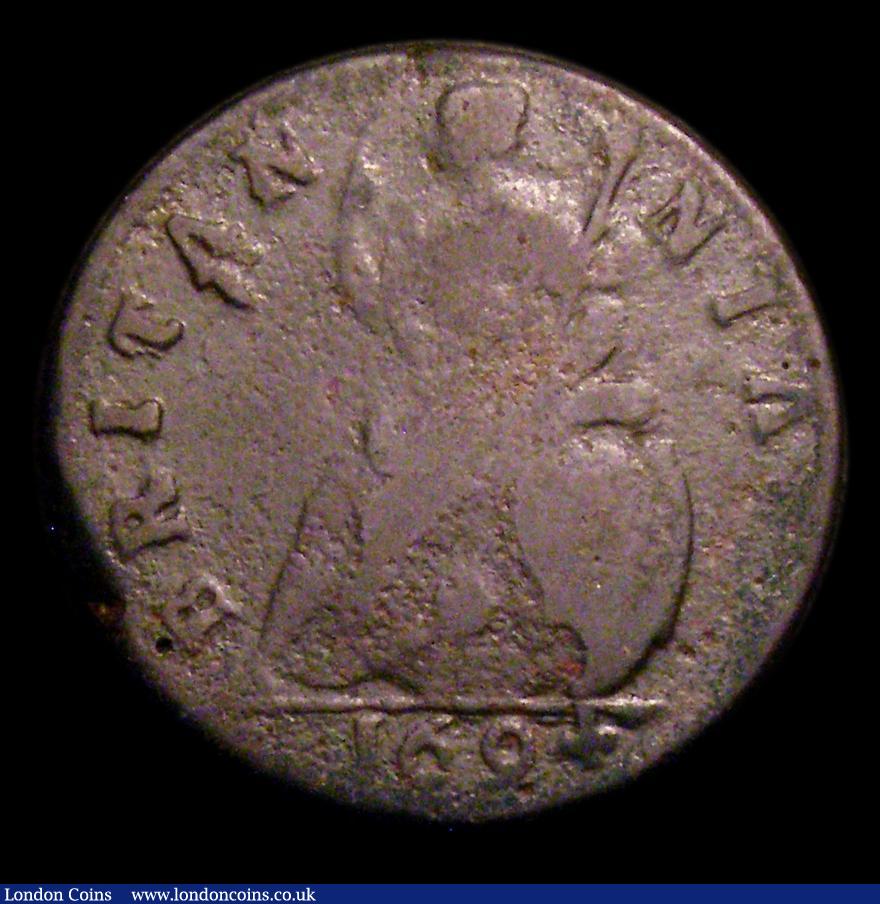 London Coins : A151 : Lot 2317 : Farthing 1694 GVLIELMS error, with unbarred A's in BRITANNIA, and with a single exergue line, P...