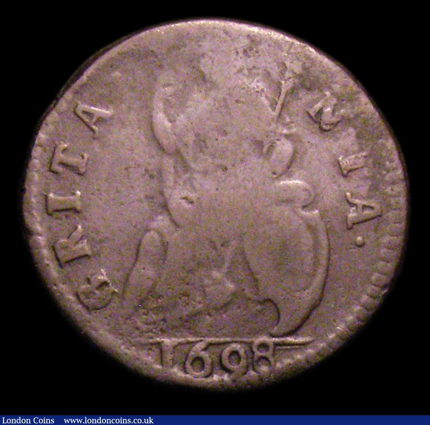 London Coins : A151 : Lot 2323 : Farthing 1698 Date in Exergue, B over G in BRITANNIA Peck 664 VG Extremely Rare, Ex-B.McRoberts coll...