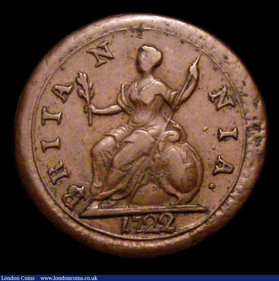 London Coins : A151 : Lot 2345 : Farthing 1722 Small Letters on Obverse, 2 over 1 unrecorded by Peck, fro a different reverse die to ...