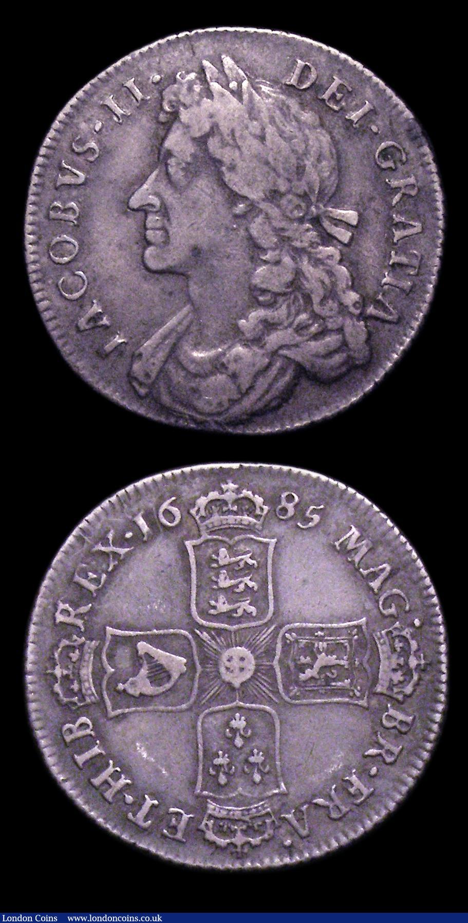 London Coins : A151 : Lot 2943 : Shillings (2) 1685 ESC 1068 Good Fine with a pleasing old grey tone, comes with an old collector...