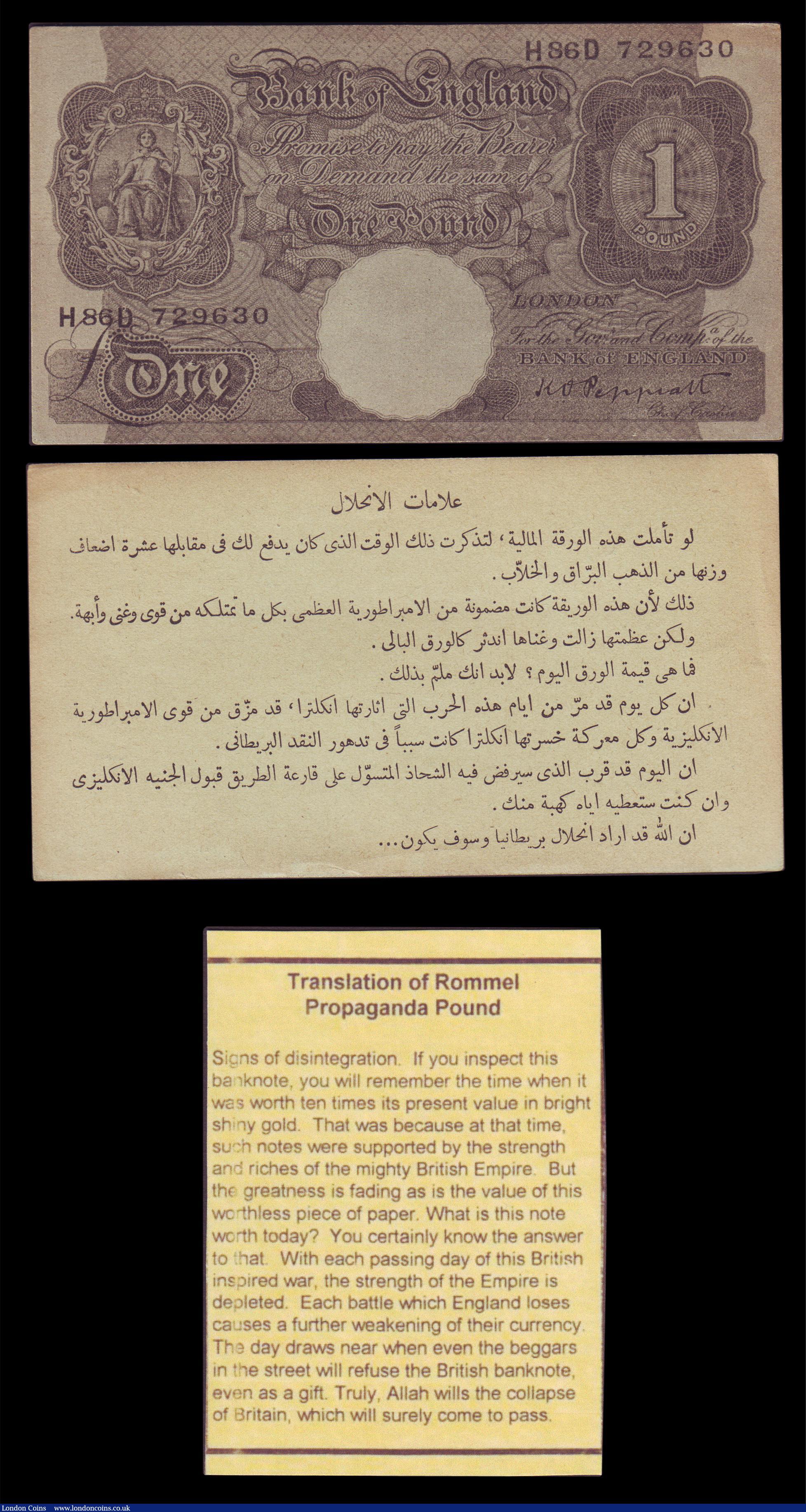 London Coins : A151 : Lot 49 : One pounds Peppiatt prefix H86D, facsimile German propaganda notes dropped on North Africa WW2, Arab...