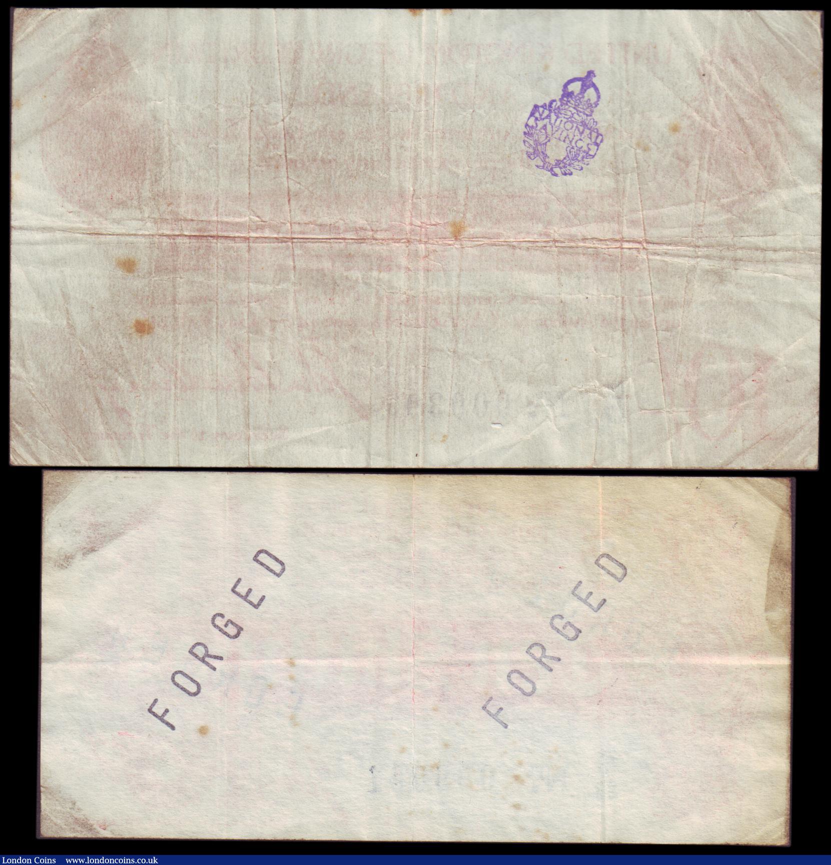 London Coins : A151 : Lot 51 : Ten shillings Bradbury contemporary forgeries (2), T8 issued 1914 series T/33 009001, small stains, ...