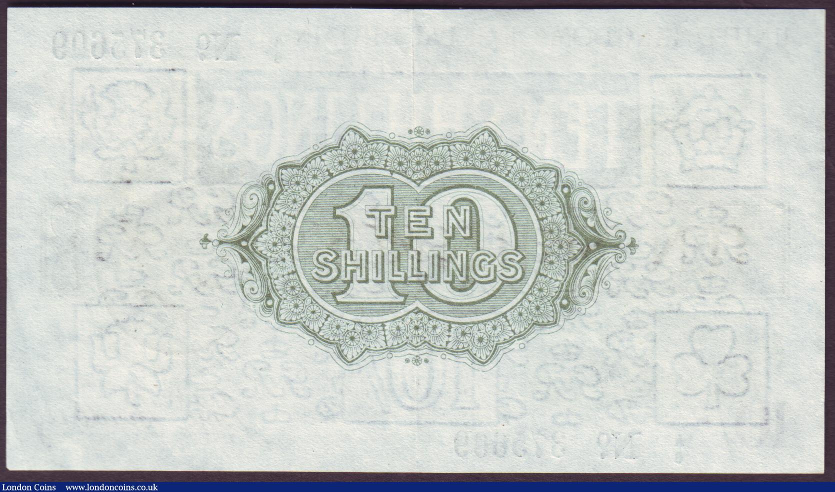 London Coins : A151 : Lot 54 : Ten shillings Bradbury T17 issued 1918 black serial A/6 375609, No.with dot, Pick350a, EF to GEF