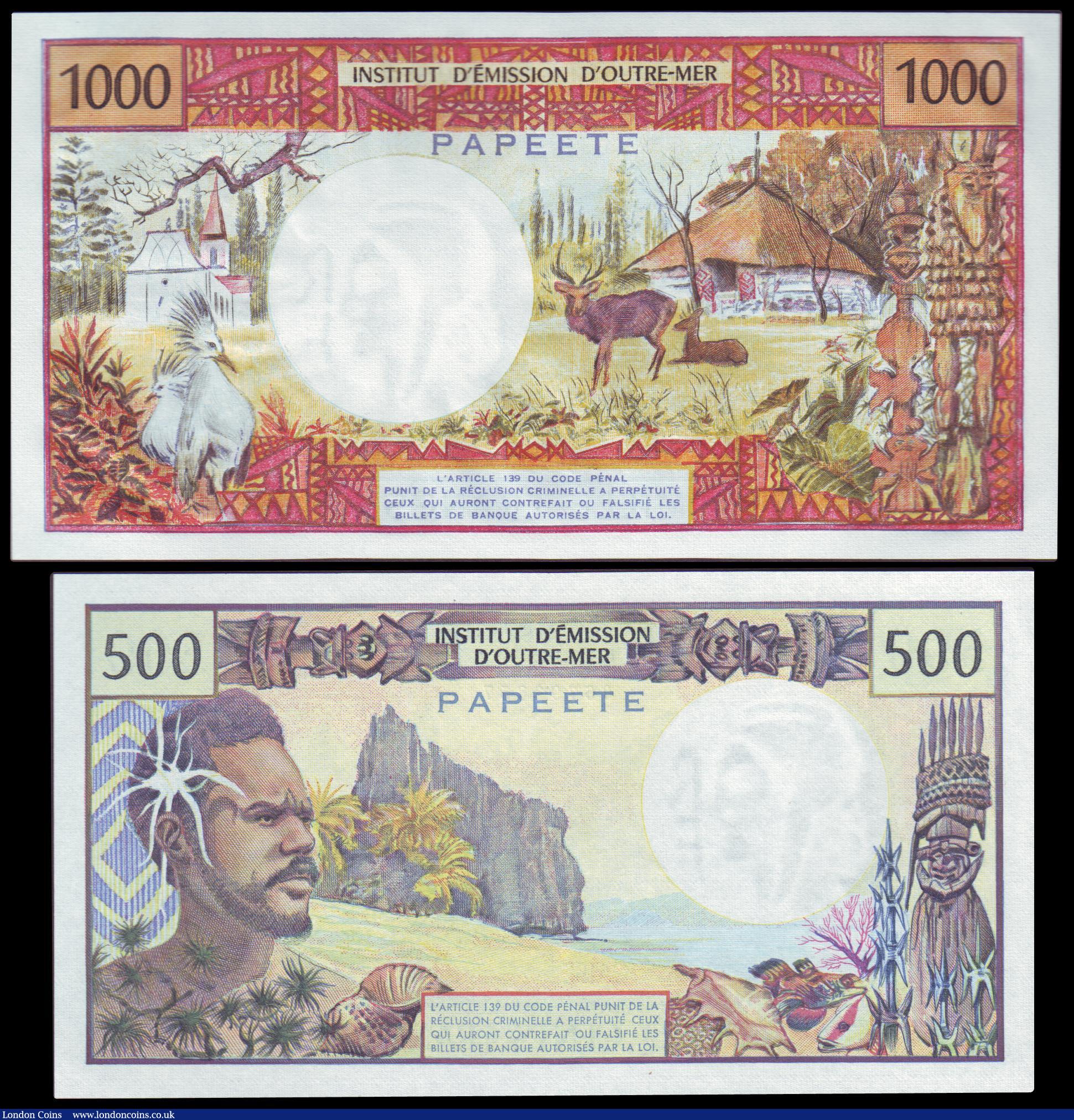 London Coins : A151 : Lot 566 : Tahiti (2) 500 francs & 1000 francs both issued 1985, signature 5, PAPEETE on reverse, Pick25d a...