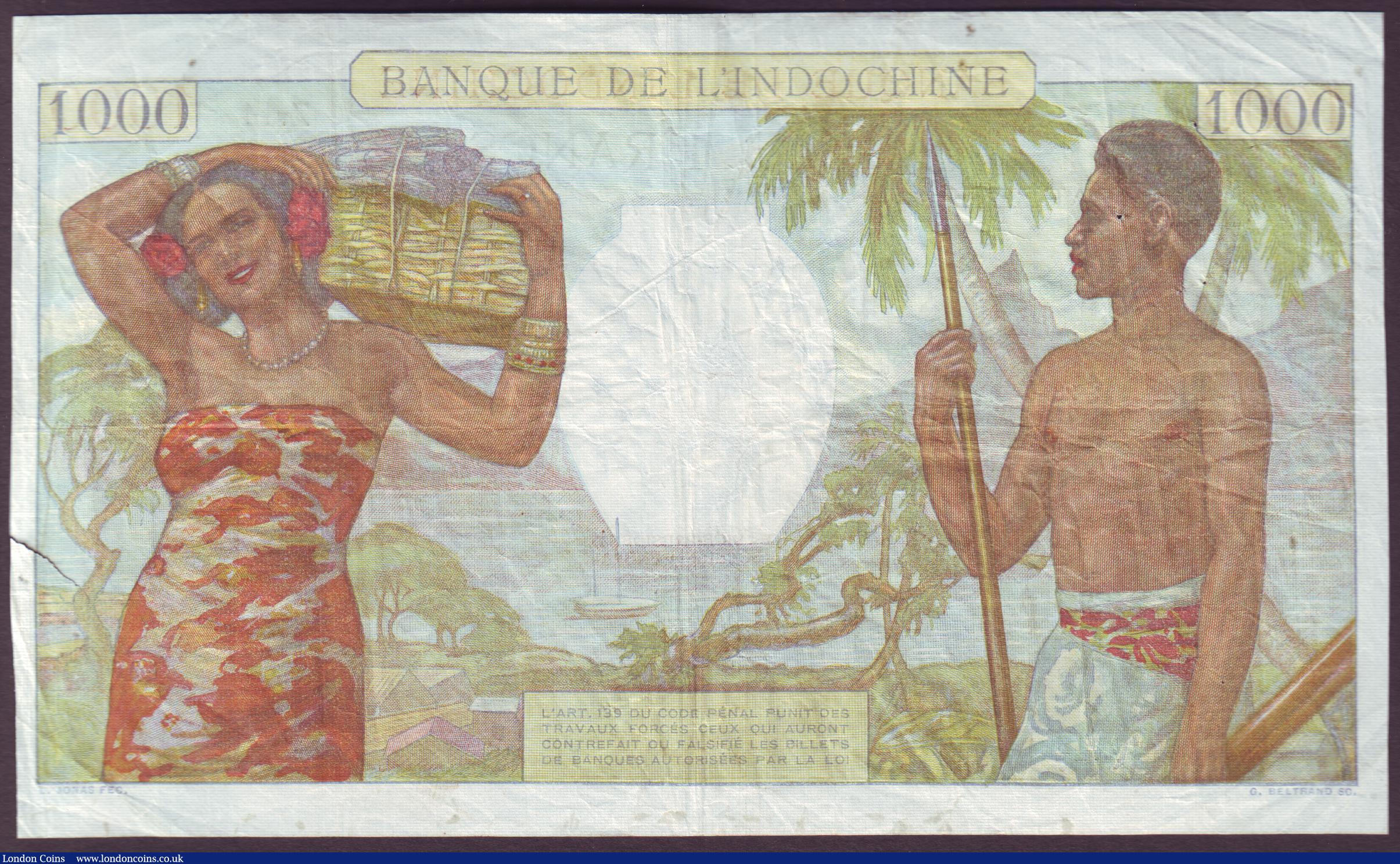 London Coins : A151 : Lot 568 : Tahiti 1000 francs issued 1940-57 series Z.14 017, Banque de l'Indochine, Papeete, Pick15, pinh...