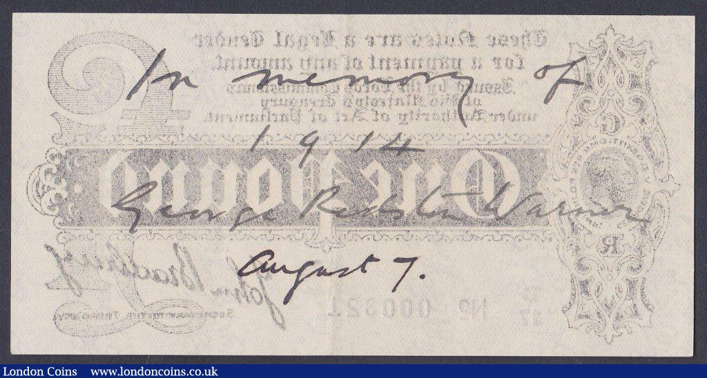 London Coins : A151 : Lot 69 : One pound Bradbury T5.3b issued 1914, series D/17 000321, contemporary script on reverse "In me...
