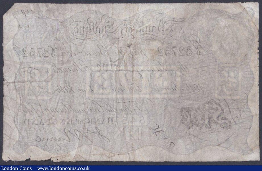 London Coins : A151 : Lot 76 : Five pounds Nairne white B208b dated 5th June 1914 series 96-B 32752, ink marks, small holes, some e...