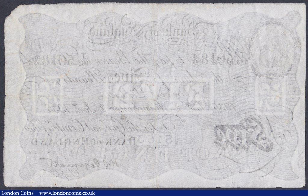 London Coins : A151 : Lot 78 : Five pounds Peppiatt white B241 dated 2nd January 1935 series T/183 50183, MANCHESTER branch issue, ...