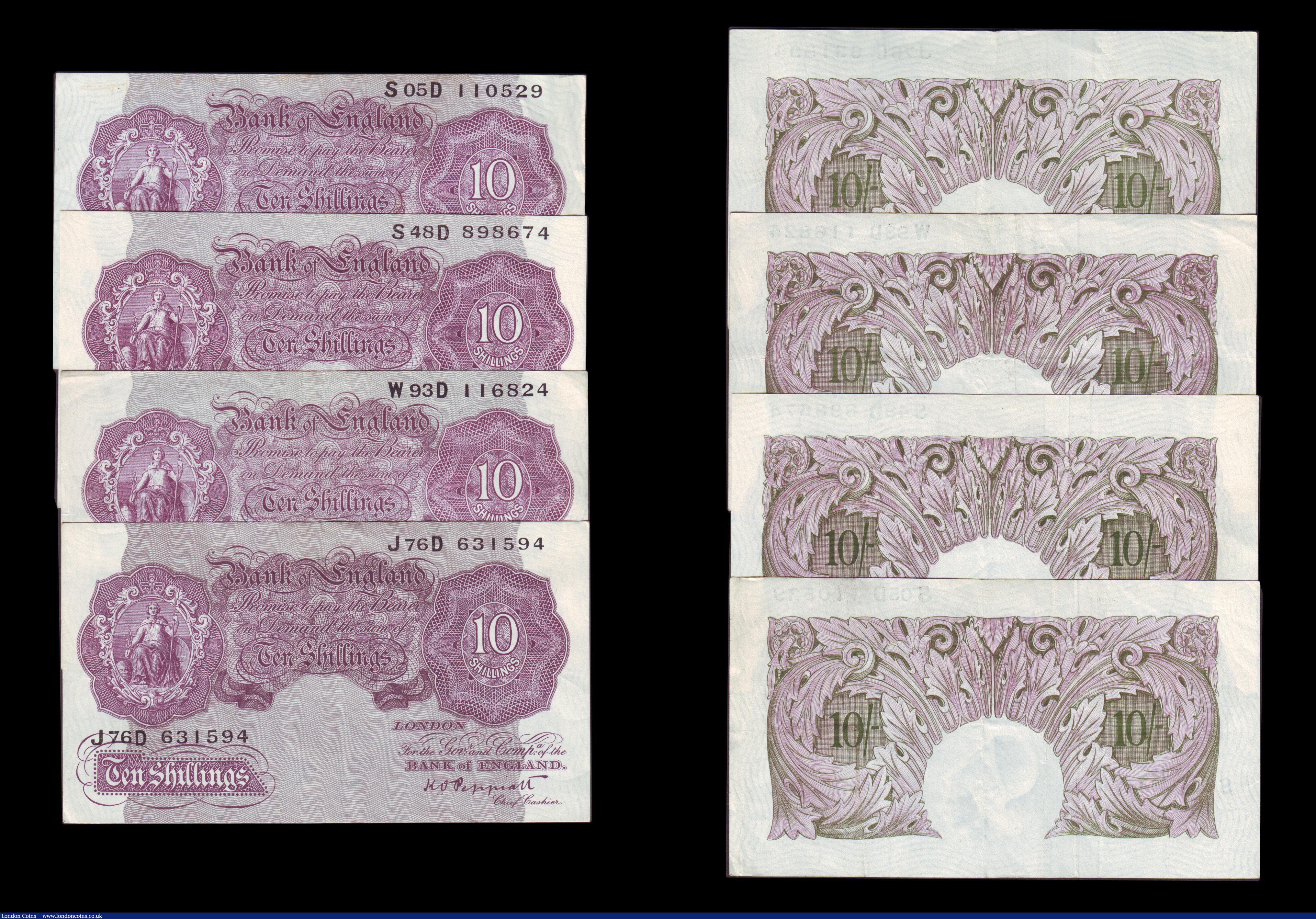 London Coins : A151 : Lot 86 : Ten shillings Peppiatt mauve B251 (4) all wartime issues 1940, series J76D, S05D, S48D and W93D GVF ...
