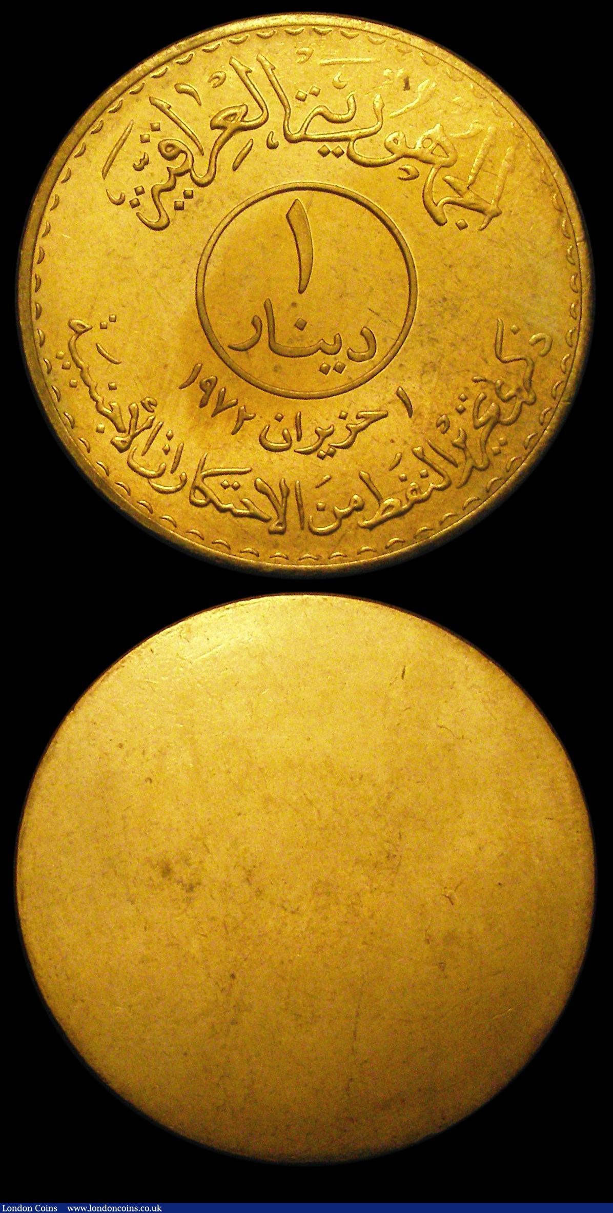 London Coins : A151 : Lot 862 : Iraq Dinar 1973 Obverse and Reverse uniface trial pair in brass, 26.13 and 26.24 grammes, plain edge...