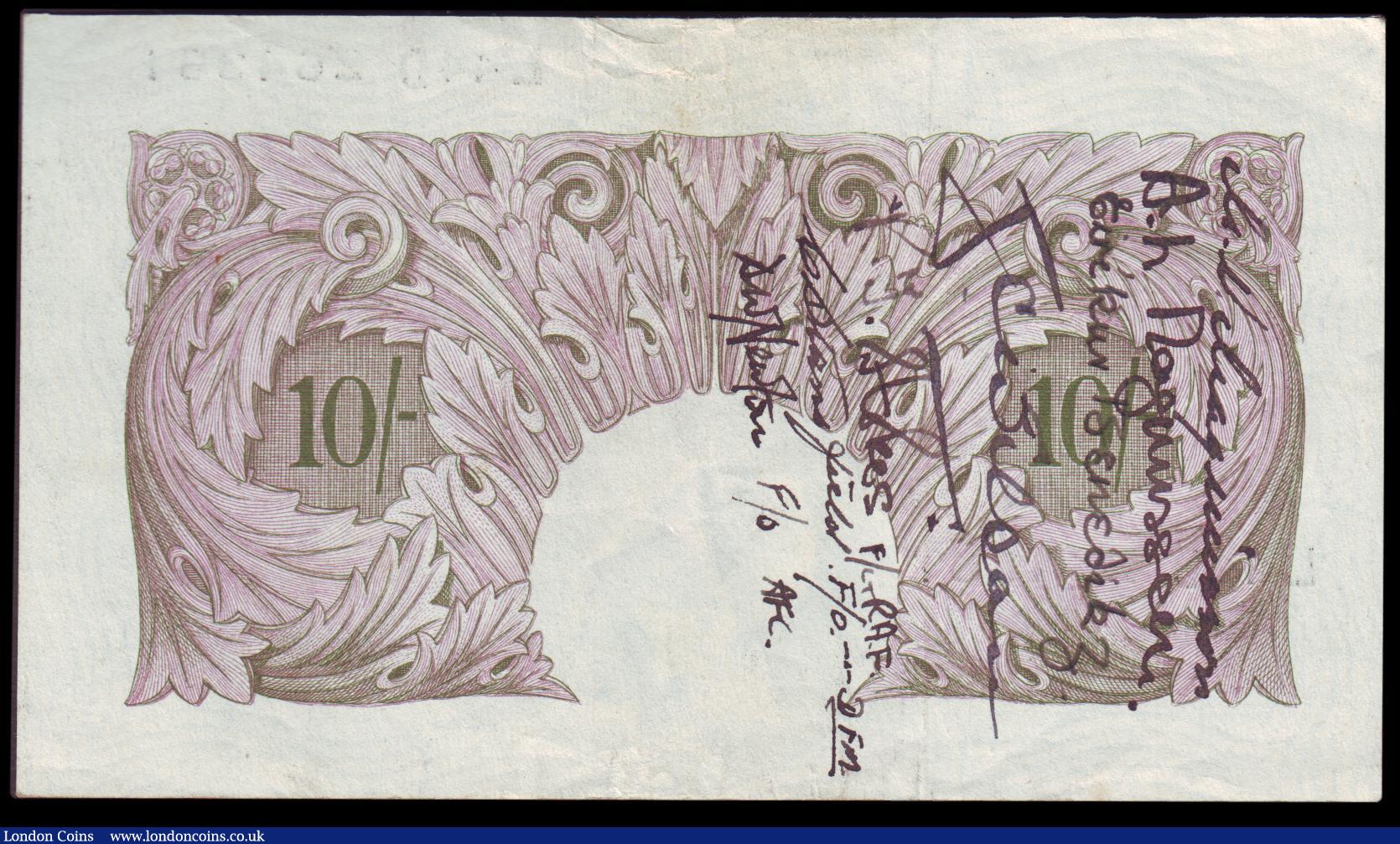 London Coins : A151 : Lot 88 : Ten shillings Peppiatt mauve B251 issued 1940 series L44D 264361, a short snorter, the reverse is si...