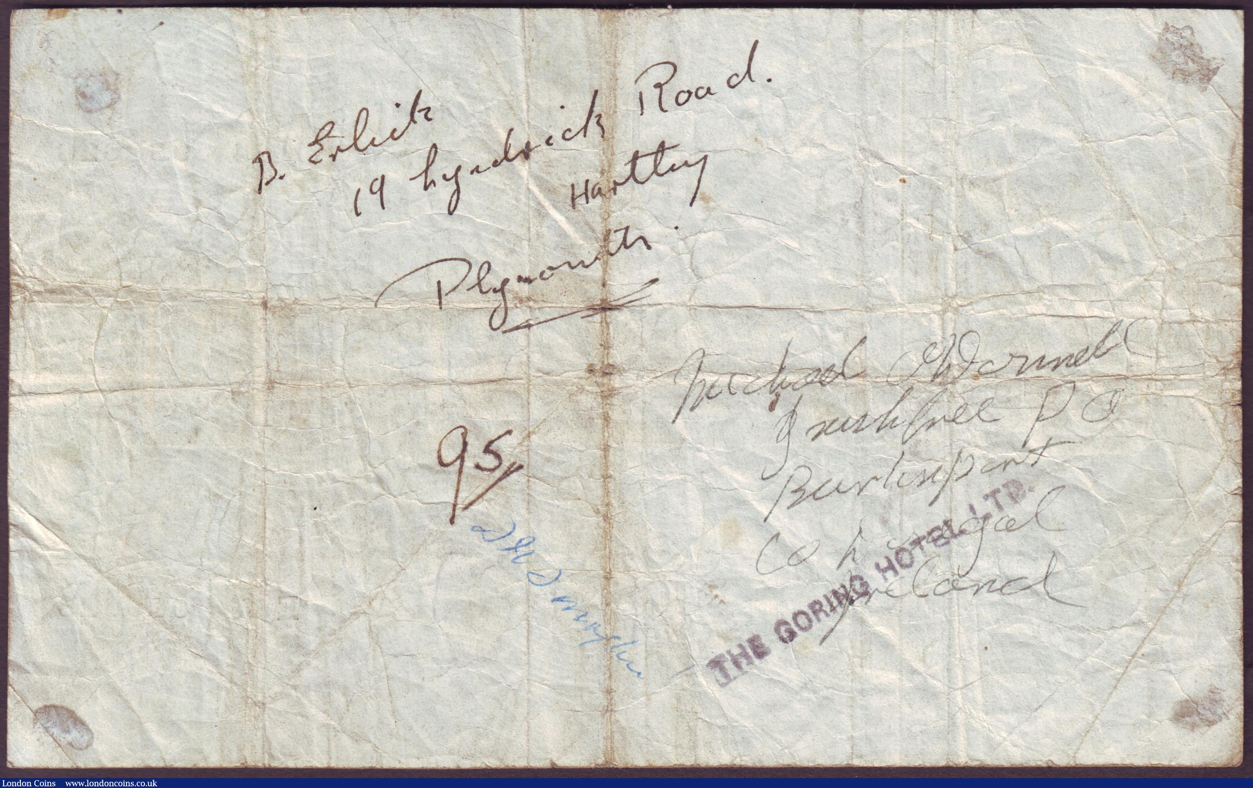 London Coins : A151 : Lot 93 : Five pounds Peppiatt white B255 thick paper dated 8th December 1944 series E84 089028, internal spli...