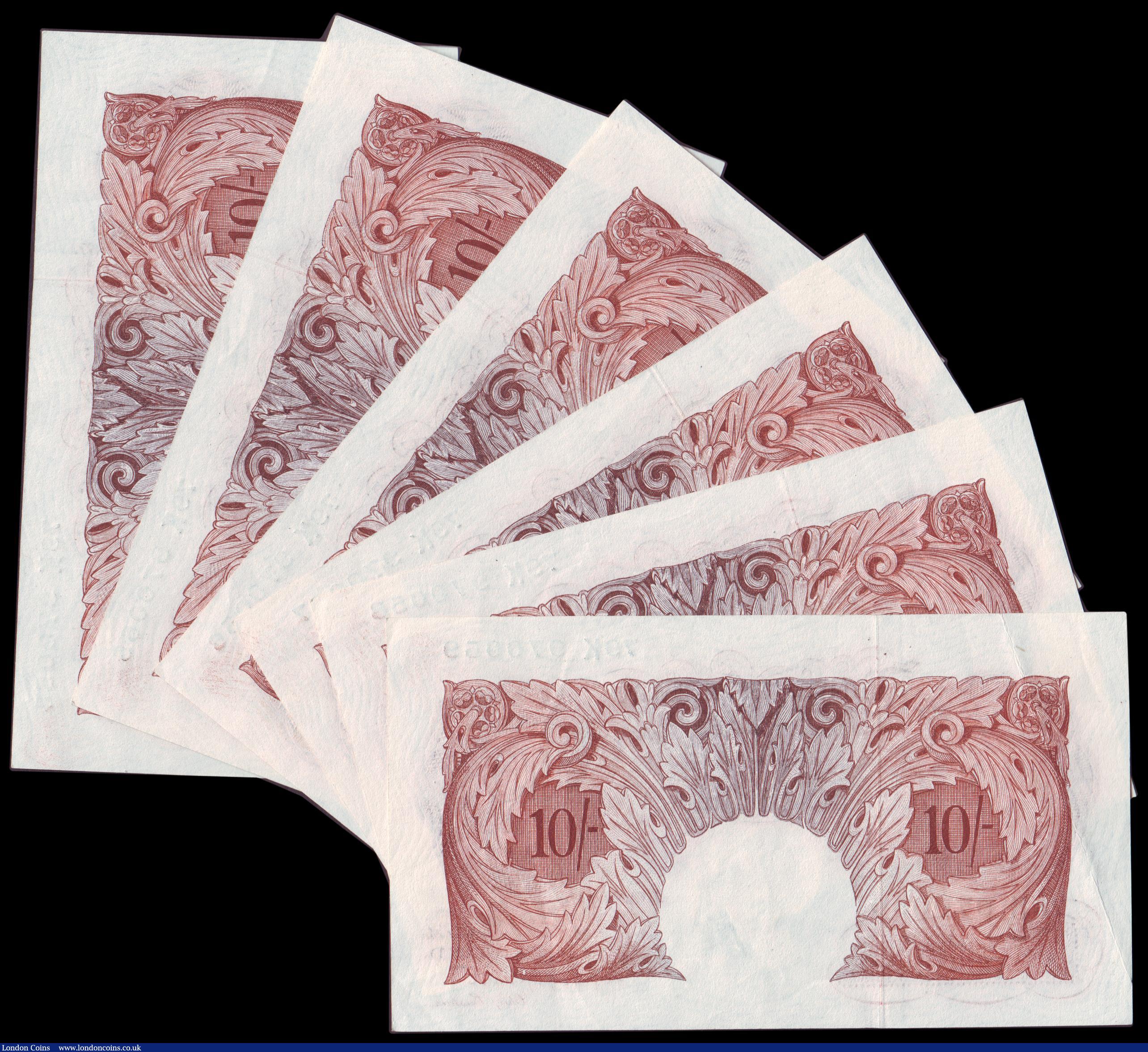 London Coins : A151 : Lot 96 : Ten shillings Peppiatt B262 (6) issued 1948 threaded variety, a consecutively numbered run, series 7...