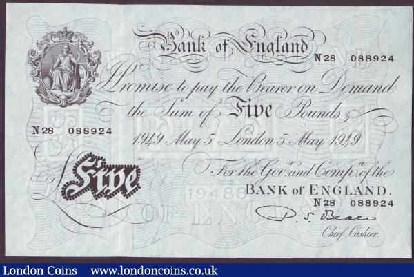 Five pounds Beale white B270 dated 5th May 1949 series N28 088924, Pick344, numbered bank stamp on reverse, pressed looks GVF or better : English Banknotes : Auction 151 : Lot 109