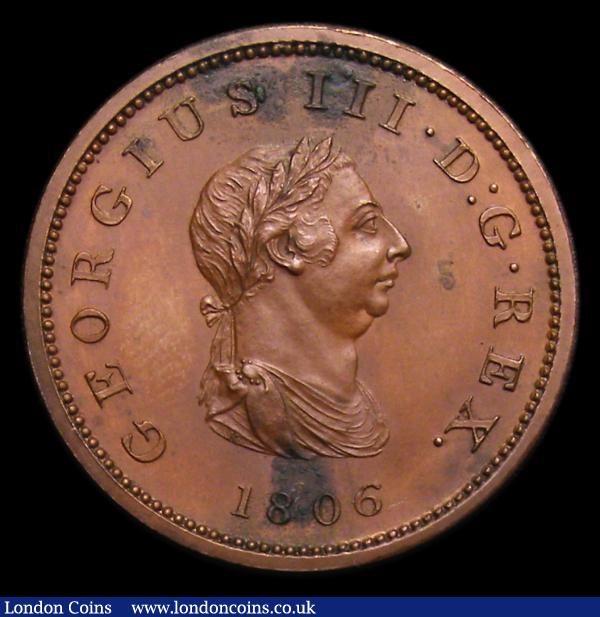 Halfpenny 1806 Bronzed Proof Peck 1361 KH35 UNC and sharp with some verdigris spots : English Coins : Auction 152 : Lot 3005