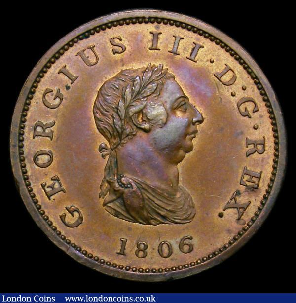 Halfpenny 1806 Bronzed Proof Peck 1368 KH40 EF with some hairlines : English Coins : Auction 152 : Lot 3006