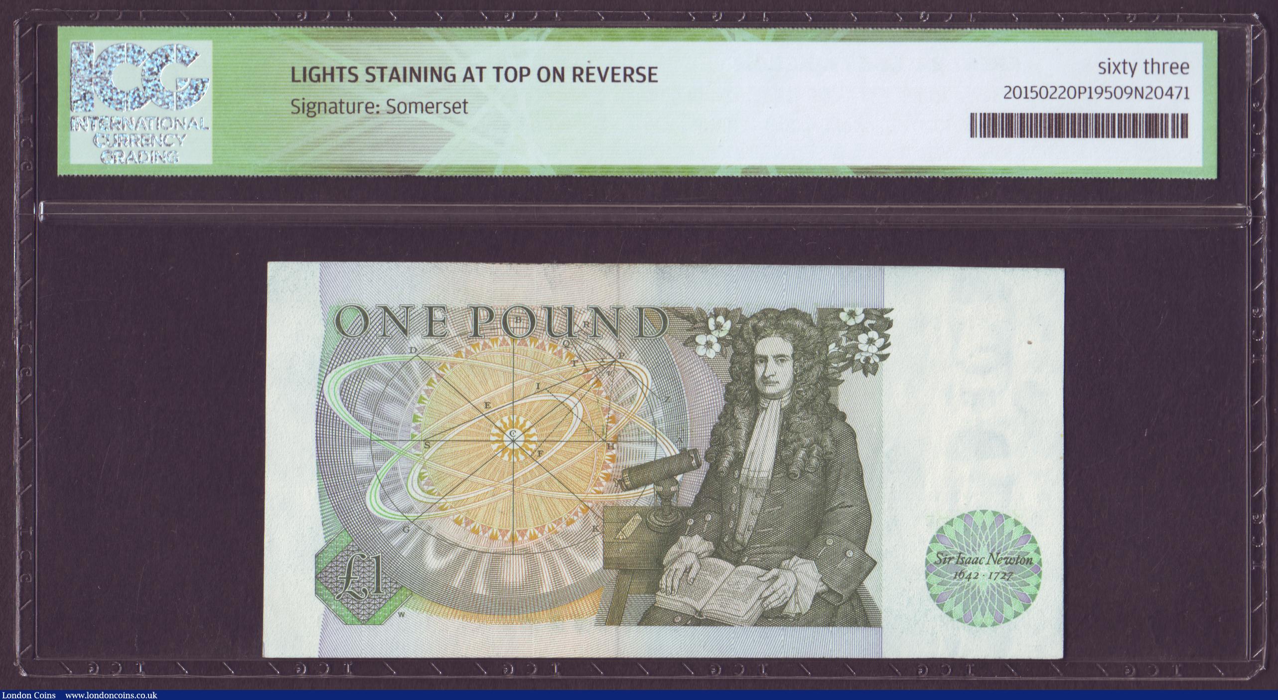 London Coins : A152 : Lot 125 : ERROR £1 Somerset B341 issued 1981 series CR21 889020, an ERROR with a thin strip of extra whi...