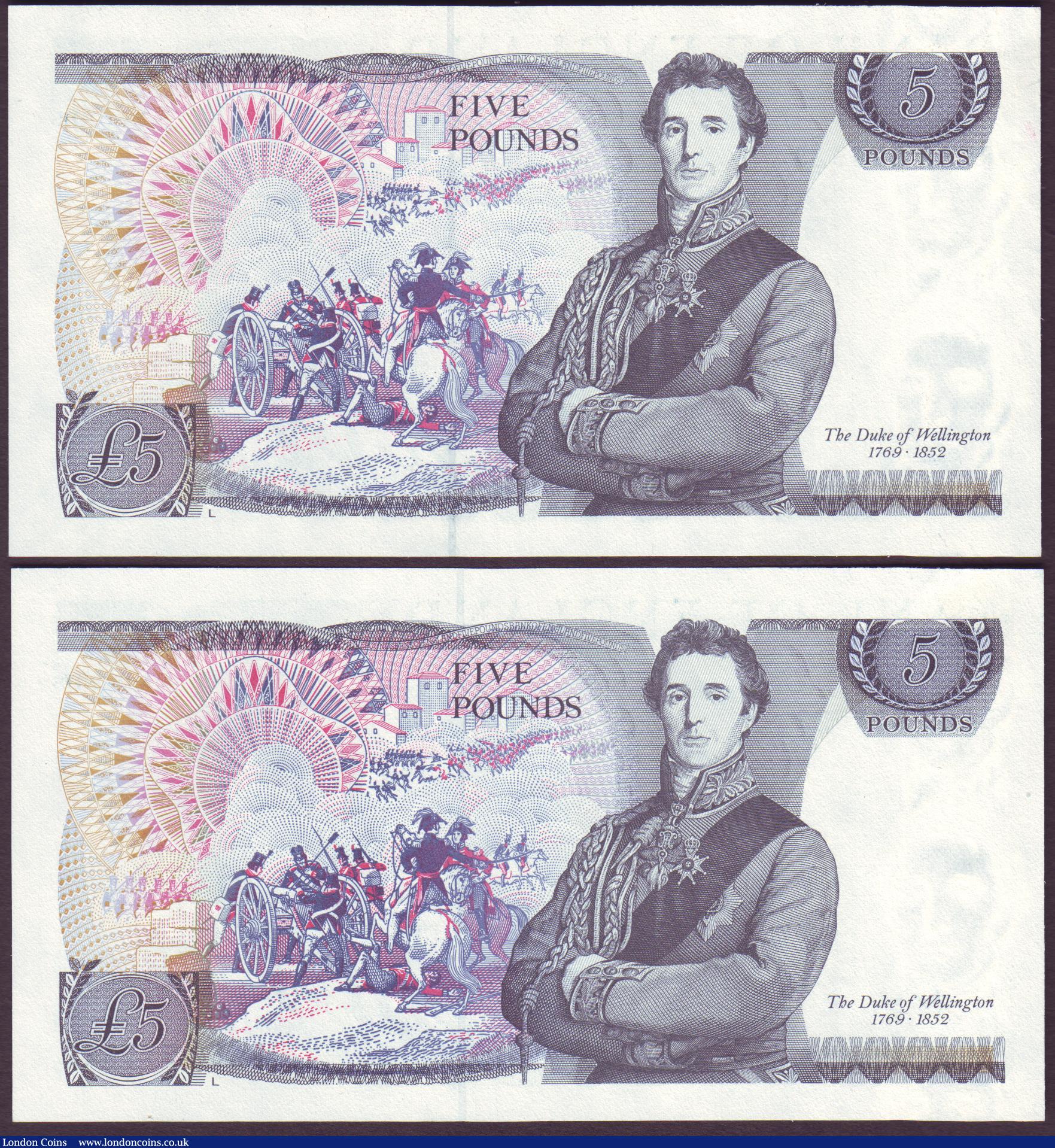 London Coins : A152 : Lot 127 : Five Pounds Somerset B345 (2) issued 1987, a consecutively numbered pair series RC69 575522 & RC...