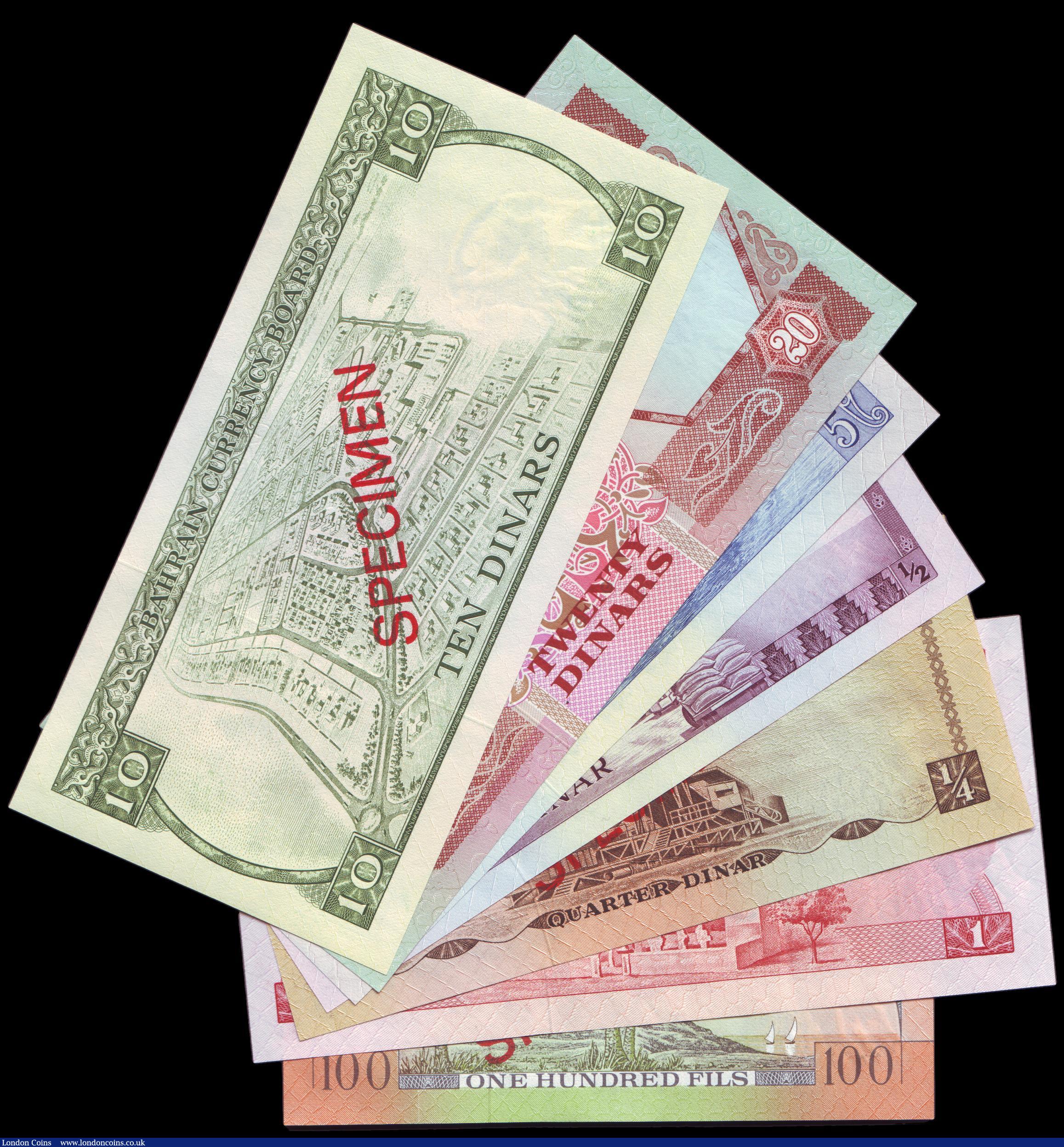 London Coins : A152 : Lot 183 : Bahrain, a matching serial number set of Specimen notes (7) 100 Fils, Quarter Dinar, Half Dinar, One...