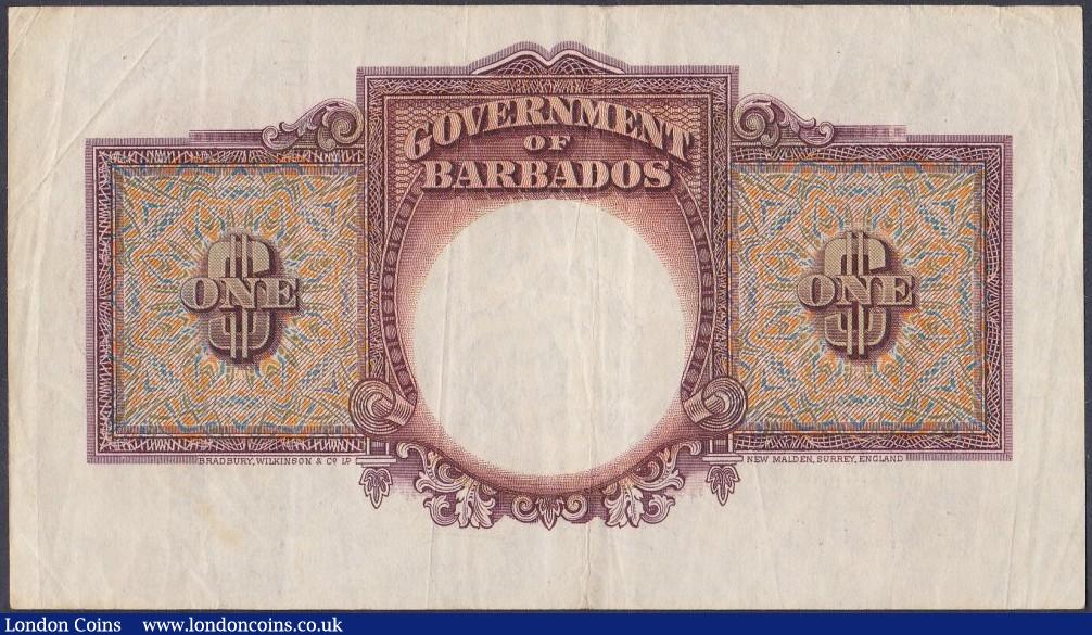 London Coins : A152 : Lot 185 : Barbados $1 KGVI issued 1st January 1949 series F/E 442591, Pick2c, good Fine