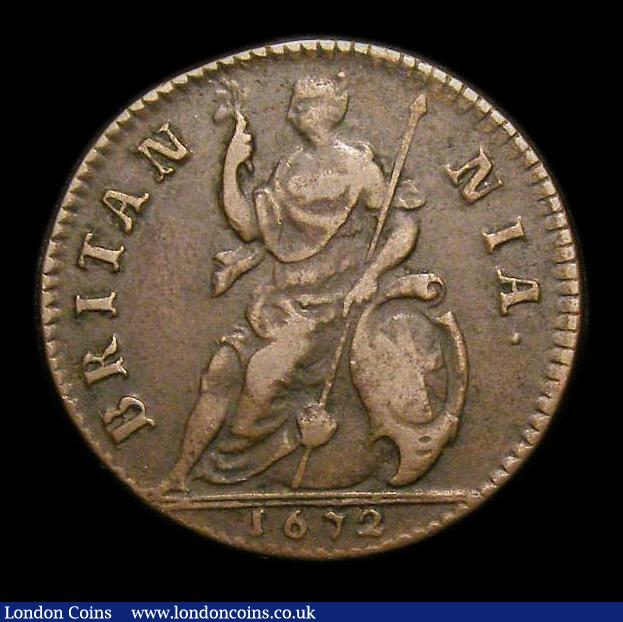 London Coins : A152 : Lot 2067 : Farthing 1672 Loose Drapery, with double exergue line, Bold Fine, slabbed and graded CGS 25, Ex-Lond...