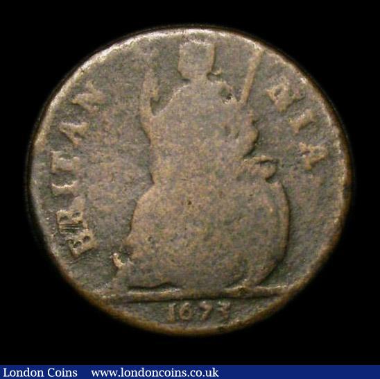 London Coins : A152 : Lot 2070 : Farthing 1673 CAROLA error Peck 523 only Poor, slabbed and graded CGS 3, the variety very clear, the...