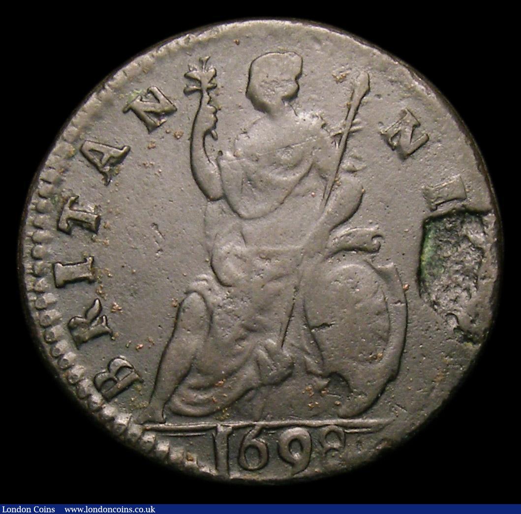 London Coins : A152 : Lot 2082 : Farthing 1698 Date in Exergue Fine with some large flan flaws, in a CGS Yellow Ticket holder 'F...