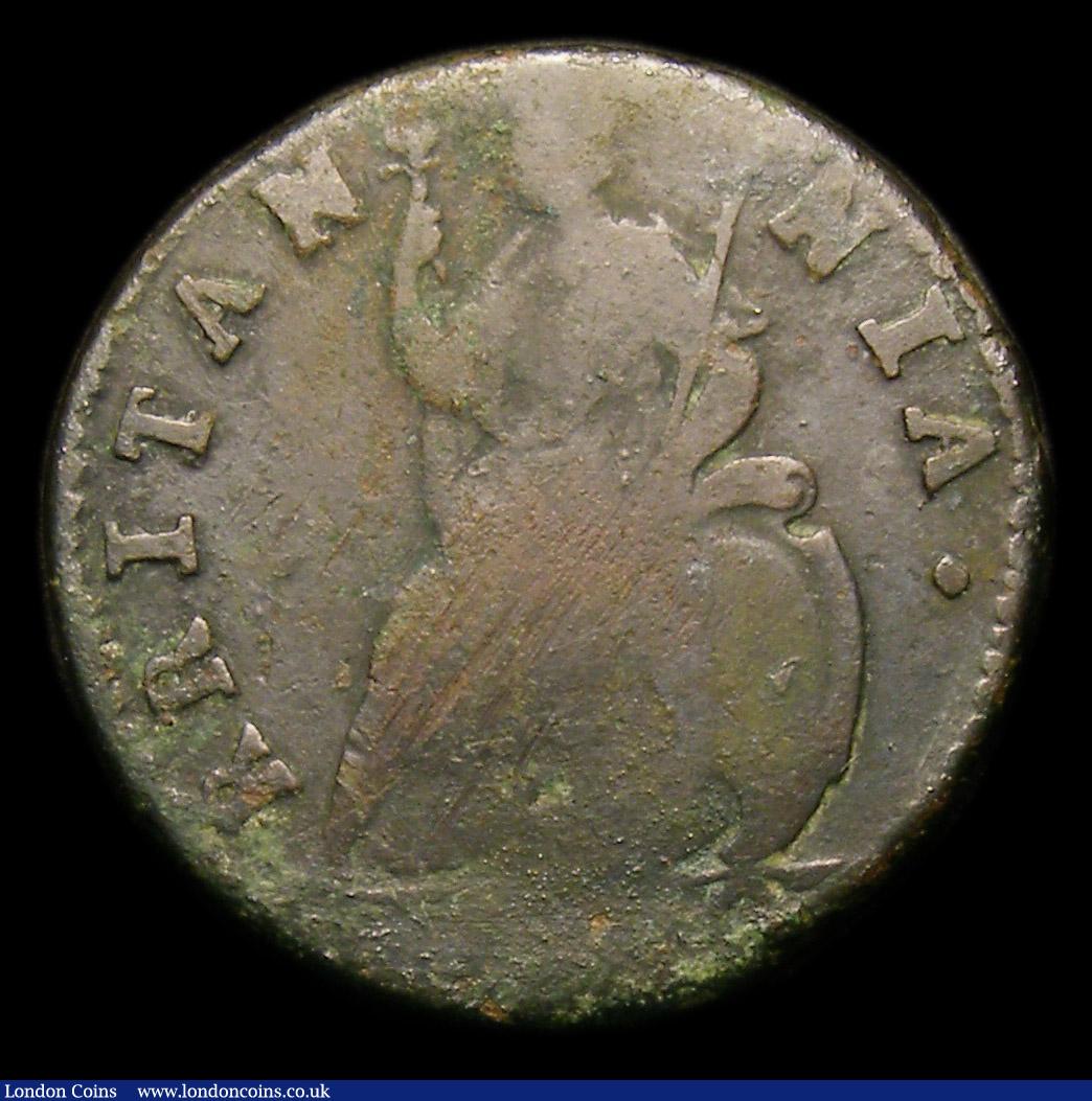 London Coins : A152 : Lot 2083 : Farthing 1700 RRITANNIA error Peck 670 VG. The date mostly worn, last digit just visible confirming ...