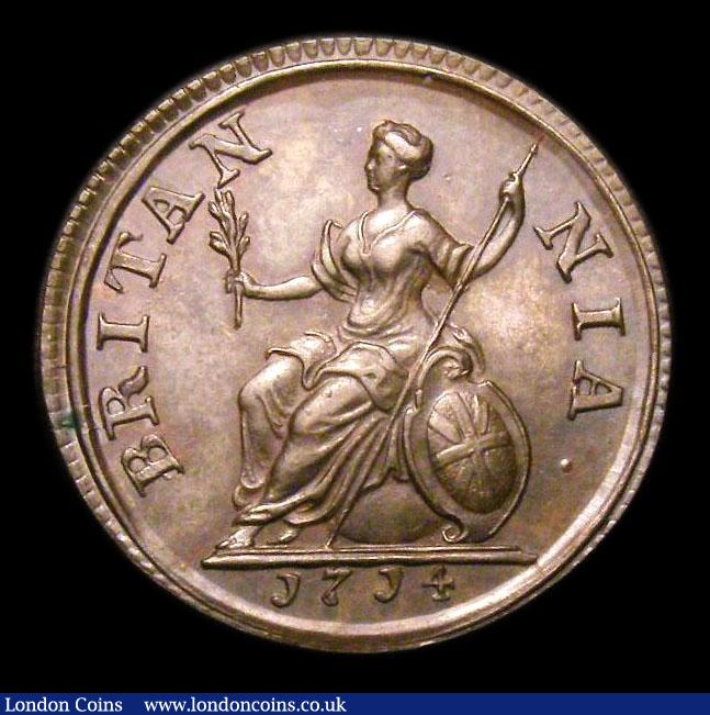 London Coins : A152 : Lot 2086 : Farthing 1714 Peck 741 Small Flan UNC toned with glossy fields, slabbed and graded CGS 80, Ex-Herita...