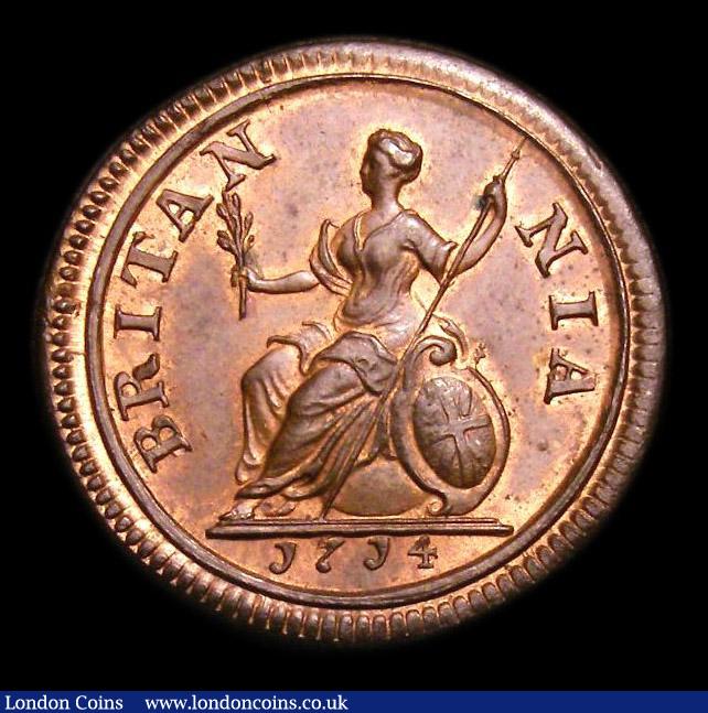 London Coins : A152 : Lot 2087 : Farthing 1714 Peck 742 Large Flan UNC with traces of lustre, slabbed and graded CGS 80, the finest k...