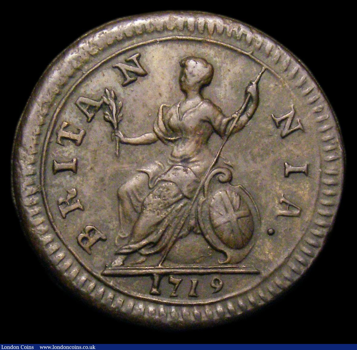 London Coins : A152 : Lot 2091 : Farthing 1719 Large Letters Obverse, with R of GEORGIVS blundered, CGS Variety 13 VF with small touc...